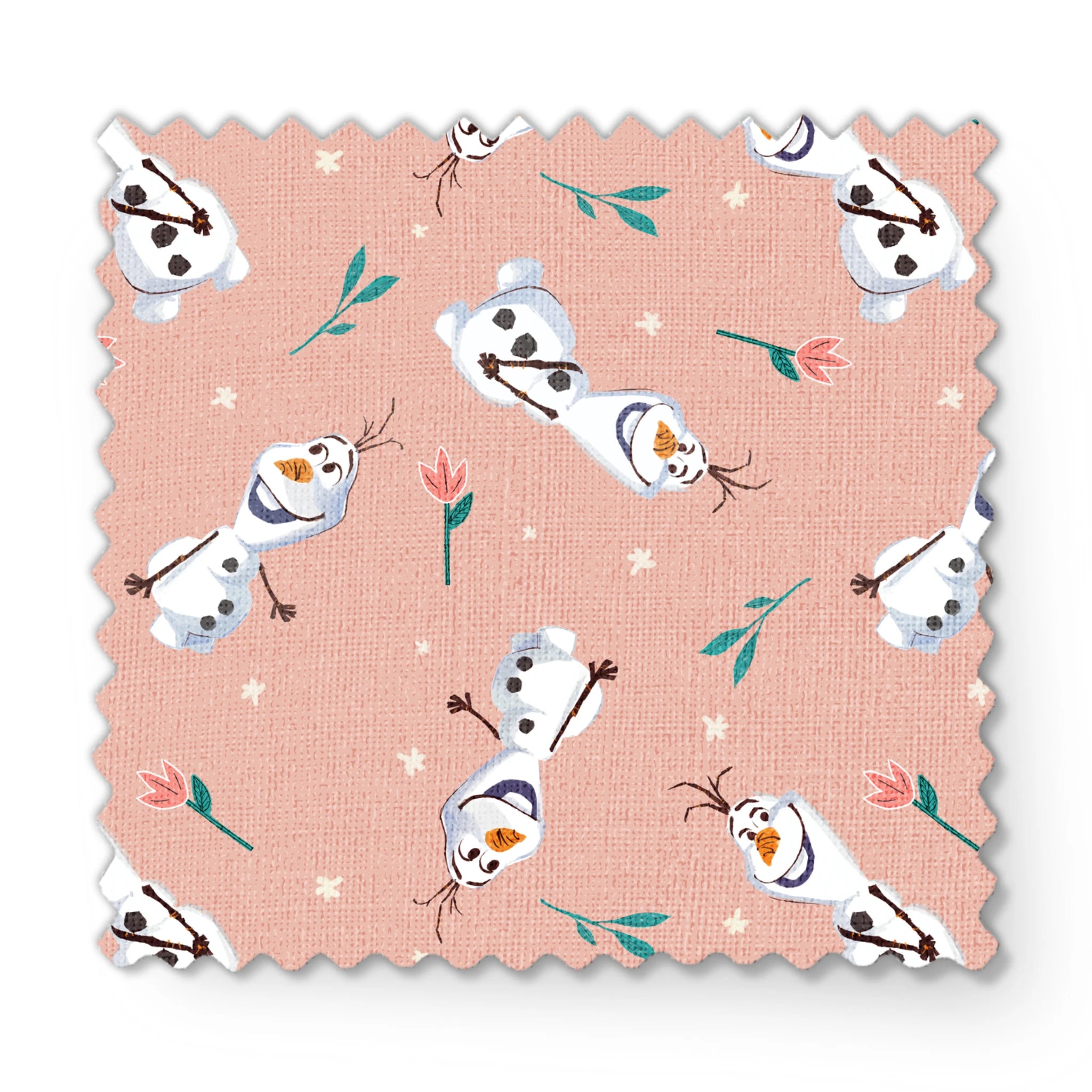 Playful pattern of Olaf scattered with green leaves on a peachy pink background fabric swatch mockup