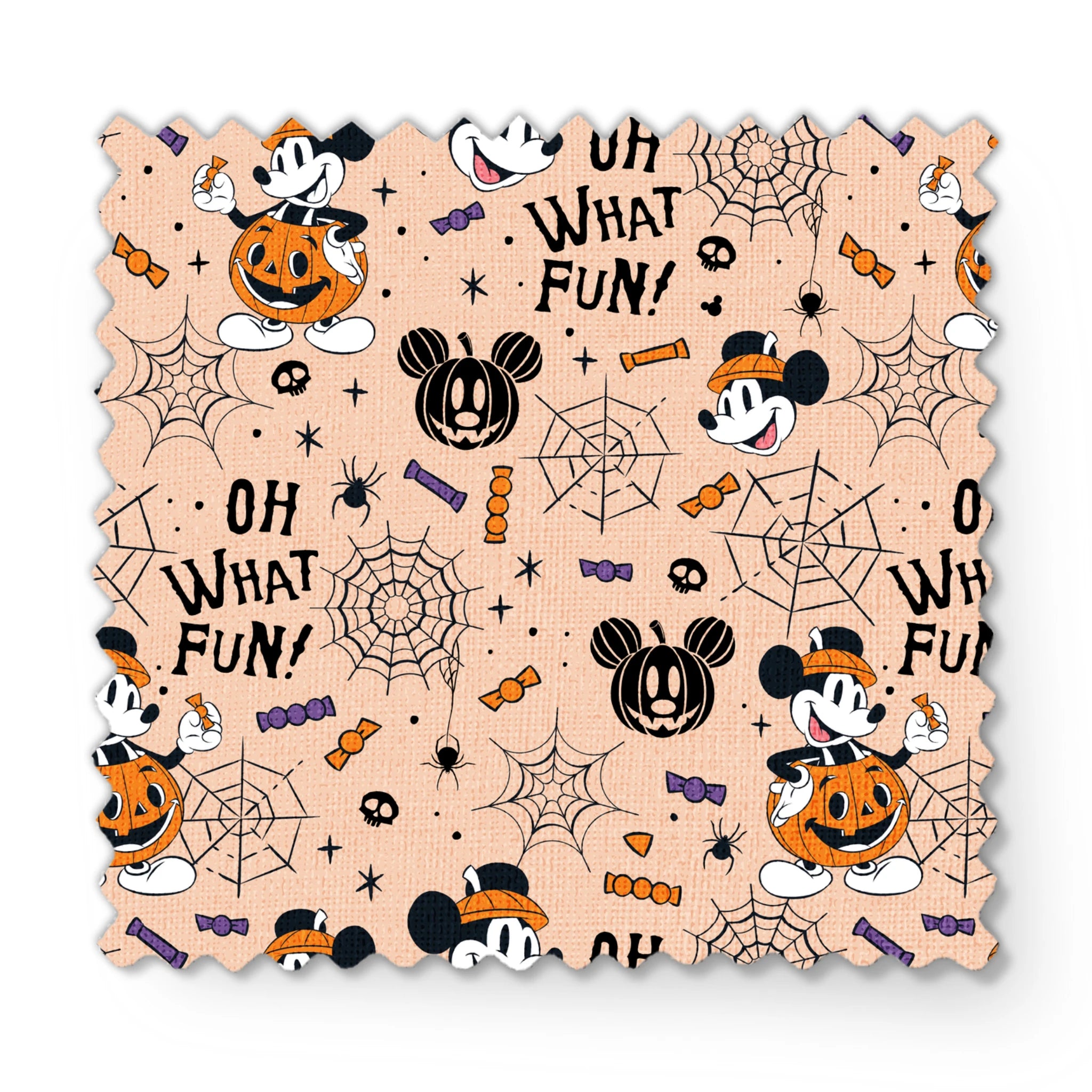 Halloween Mickey Mouse pattern with "OH WHAT FUN!" text, pumpkins, spiderwebs, and candy on beige background fabric swatch mockup