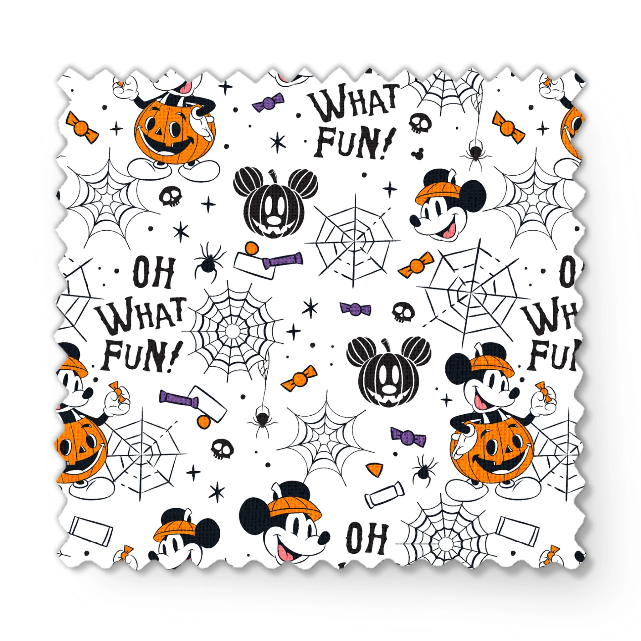 Halloween-themed cartoon pattern with Mickey Mouse characters, pumpkins, spider webs, and "OH WHAT FUN!" text on white background fabric swatch mockup