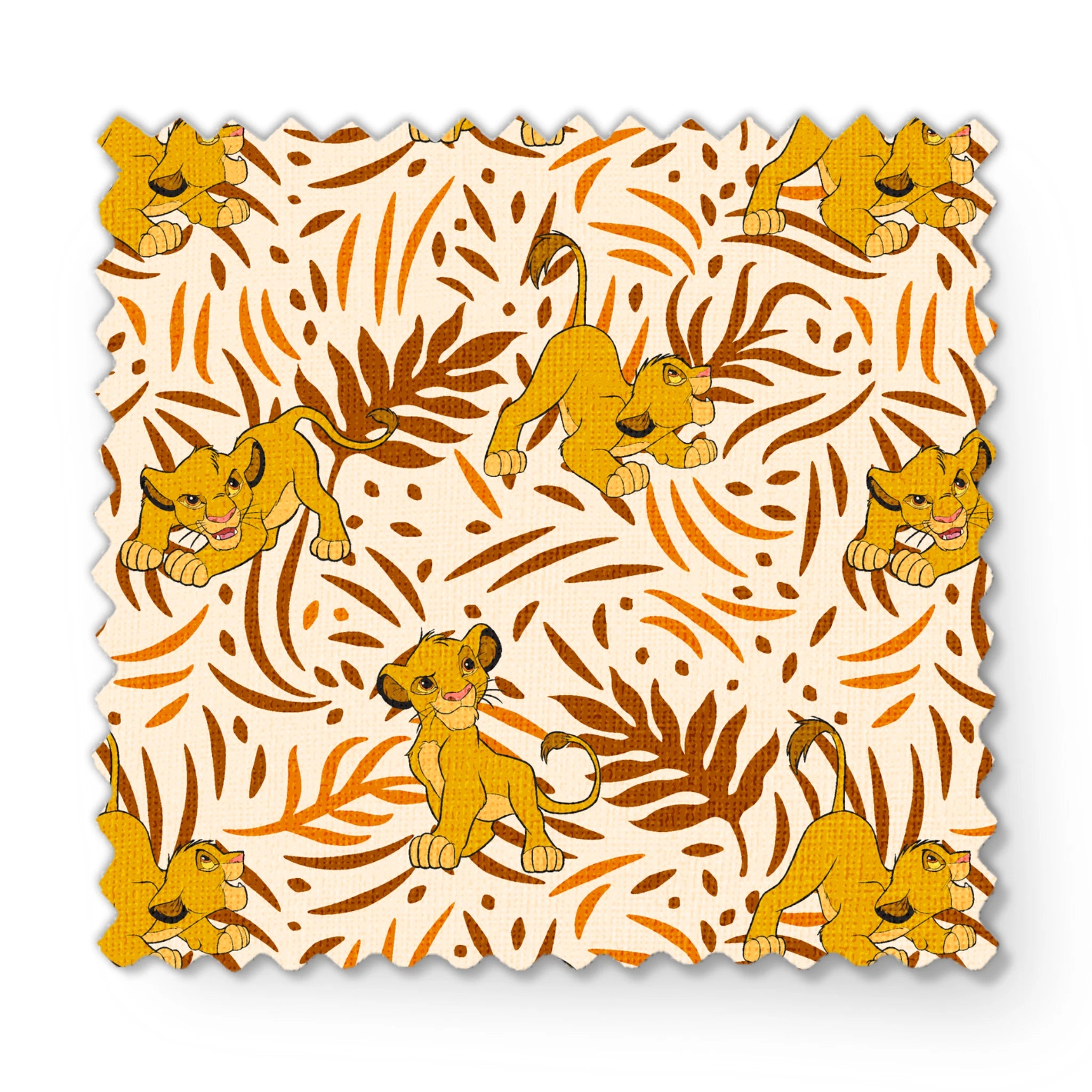 Cartoon lion cubs playing among stylized brown palm leaf pattern on cream background fabric swatch mockup