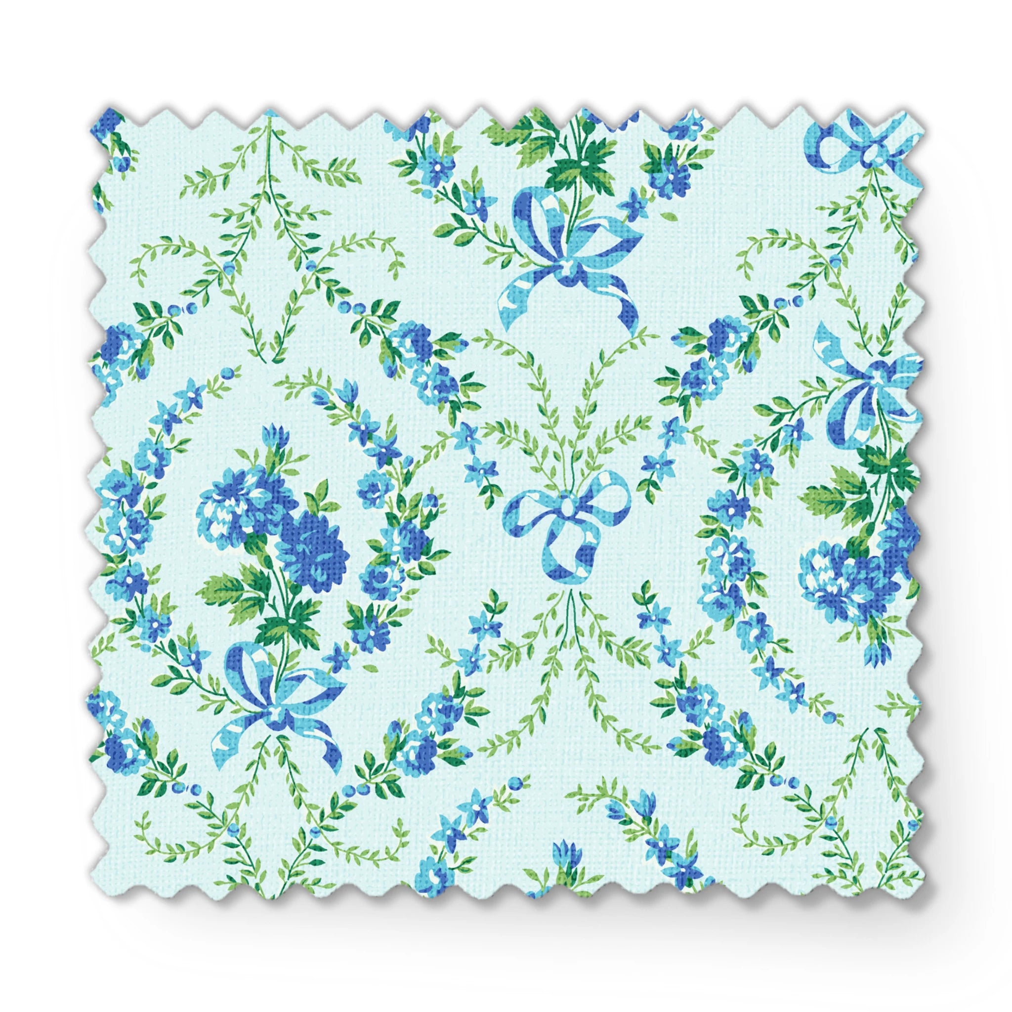 Blue floral pattern with diamond lattice design featuring delicate ribbons and green foliage on light background fabric swatch mockup