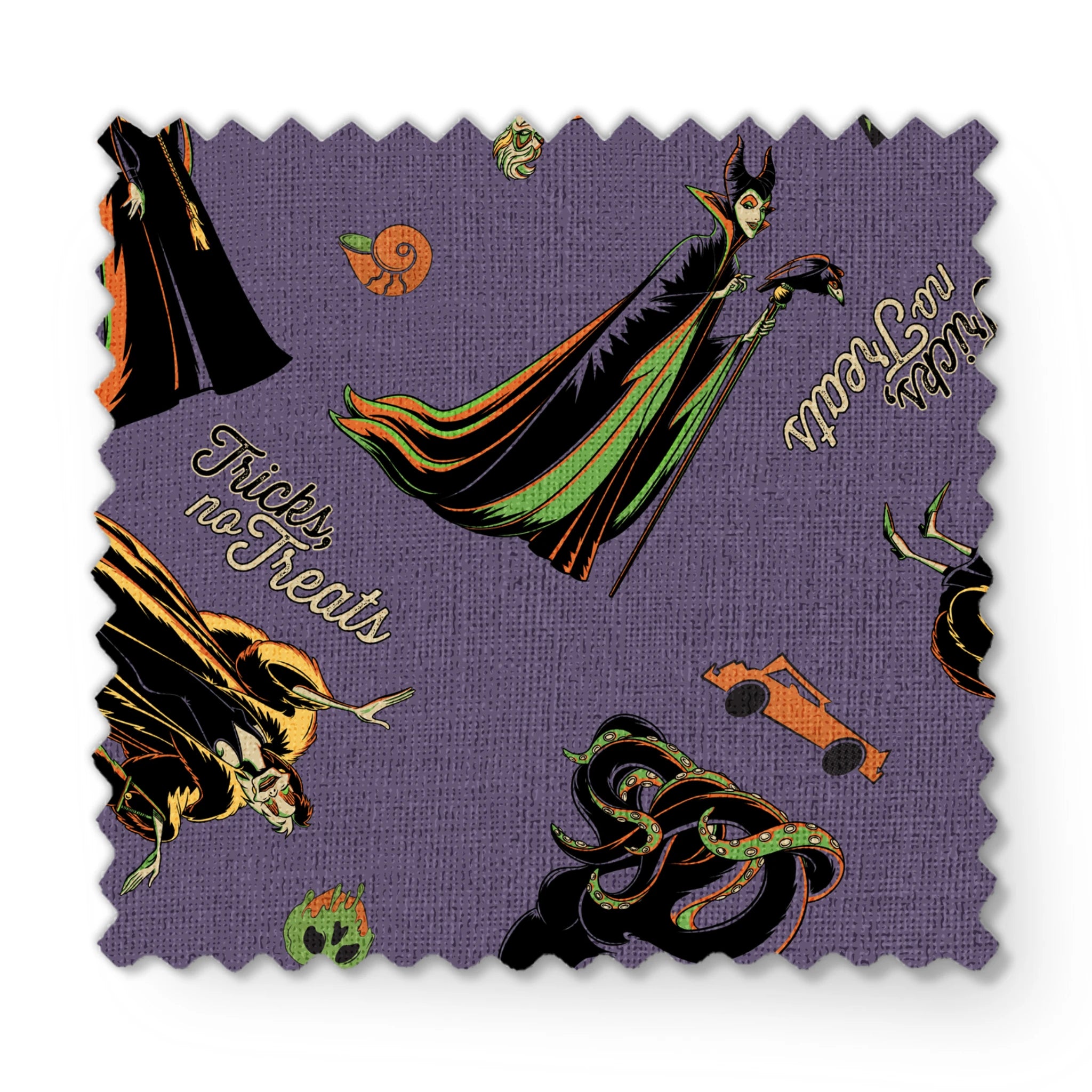 Cartoon villains pattern featuring Maleficent and other Disney antagonists on purple background fabric swatch mockup
