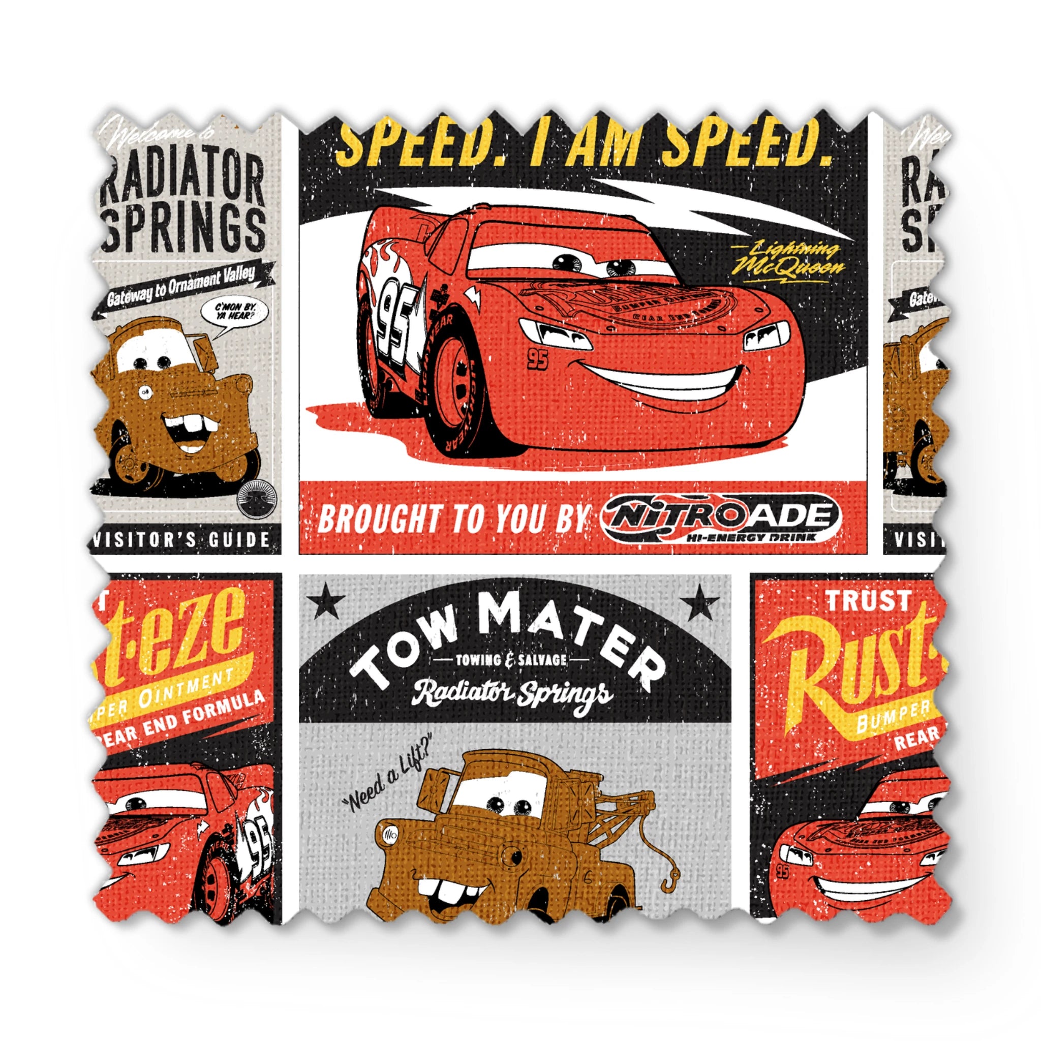 Cars merchandise posters featuring red race car saying "Speed. I am speed." and brown tow truck character with "Tow Mater" in vintage advertising style fabric swatch mockup