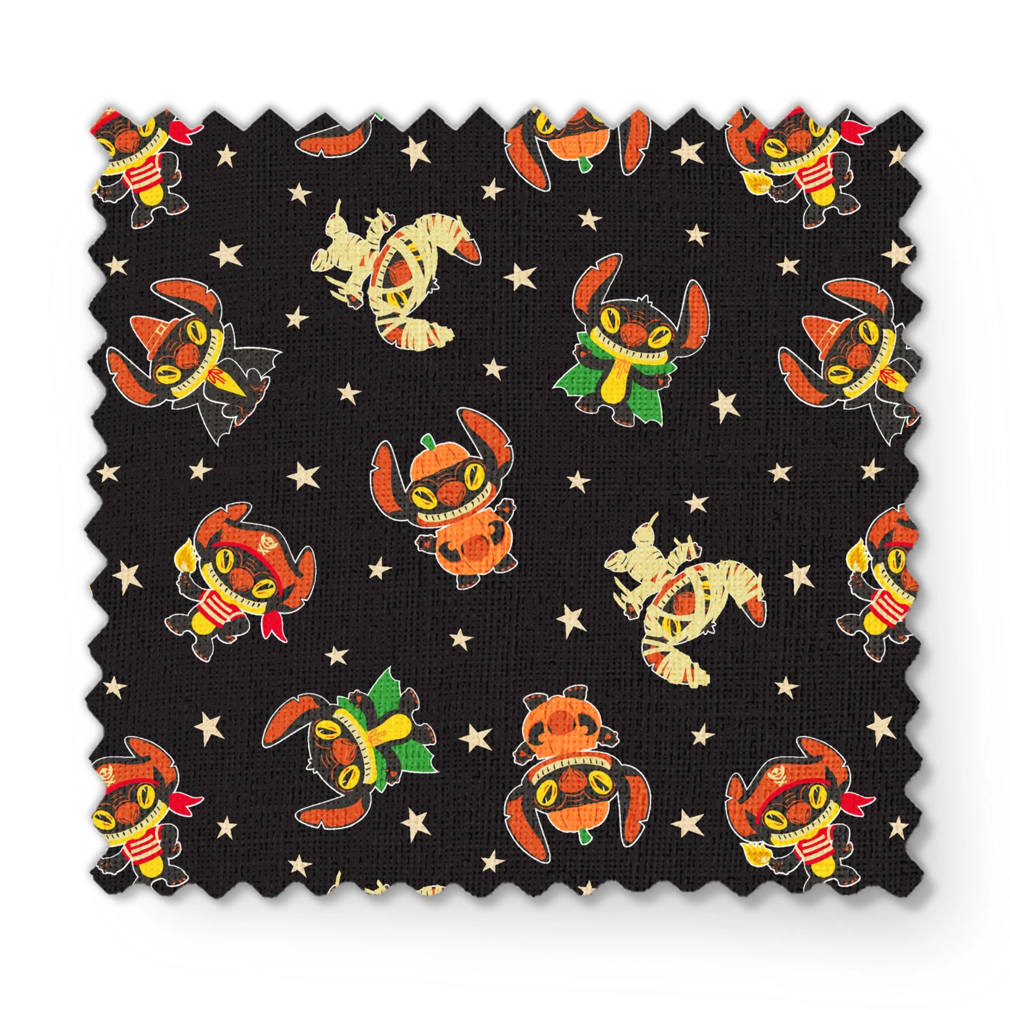 Pattern of Stitch in vibrant colors on black background with stars fabric swatch mockup