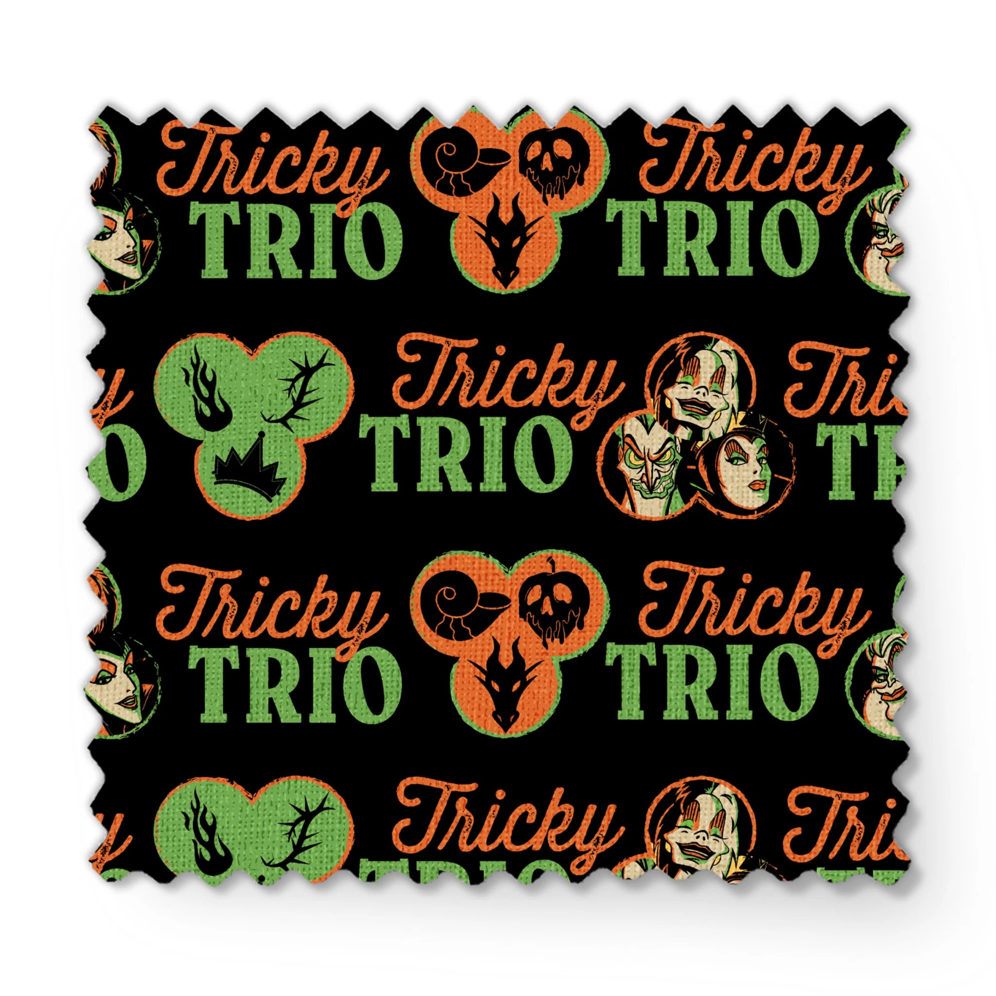 Disney Halloween pattern with "Tricky TRIO" text in orange and green, featuring Disney Villains, pumpkins, and ghostly designs on black background fabric swatch mockup