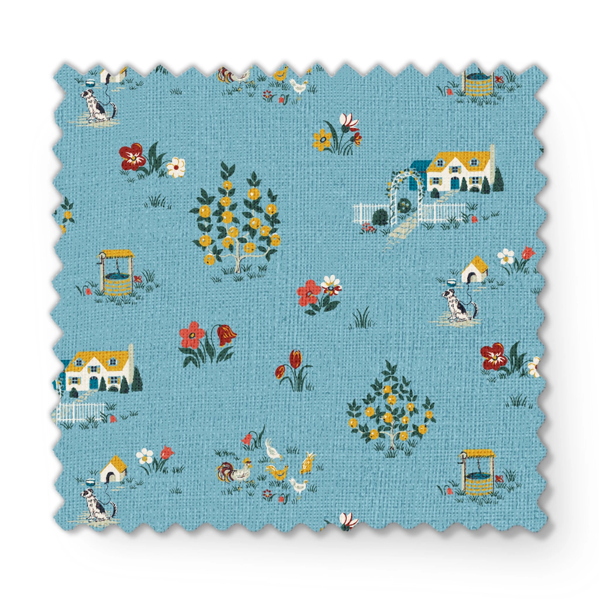 Blue-gray background with repeating folk art pattern of small cottages, white geese, floral clusters, and colorful tulips in yellow and red. fabric swatch mockup