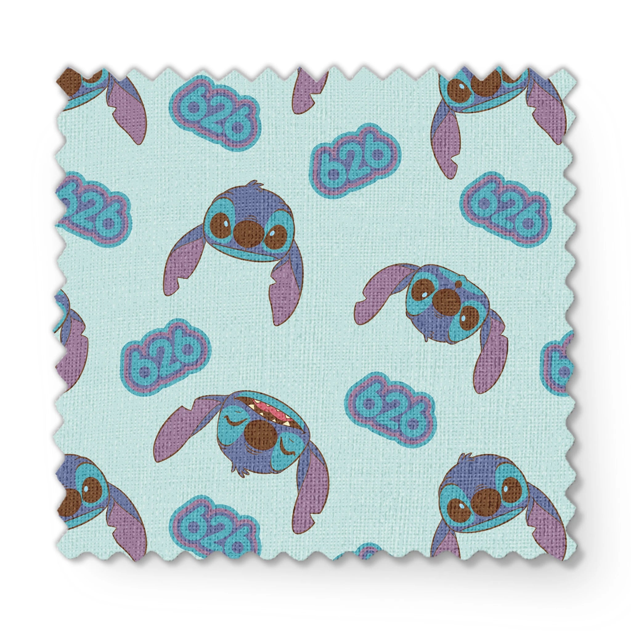 Blue cartoon creatures with large ears and swirl patterns on light teal background fabric swatch mockup