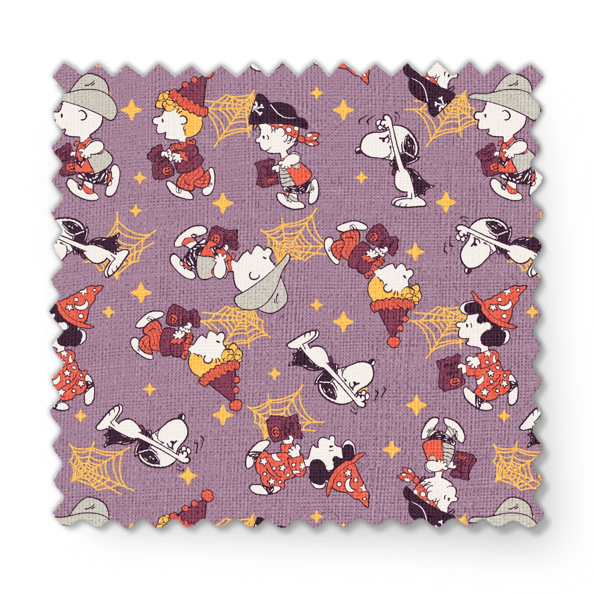 Snoopy and Peanuts characters in fall outfits with pumpkins and stars on purple background fabric swatch mockup