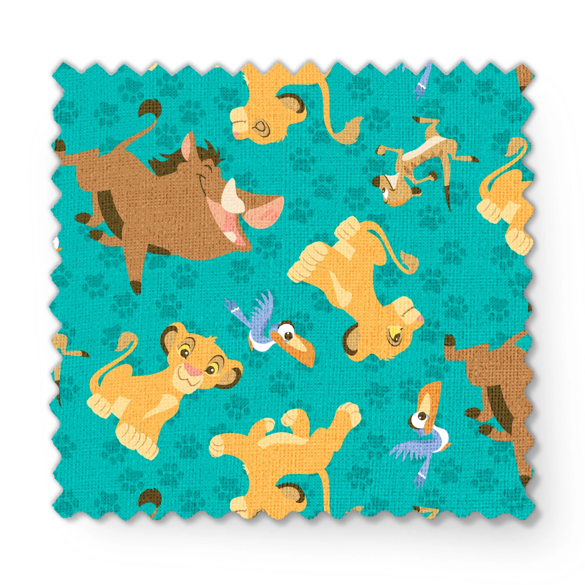 Cartoon Lion King characters pattern with Simba, Pumbaa and others on turquoise paw print background fabric swatch mockup