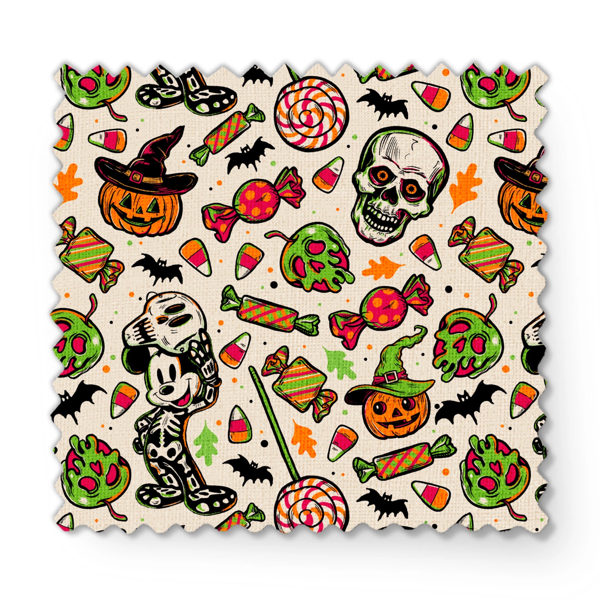 Halloween pattern with skulls, pumpkins, candy corn, wrapped candies, lollipops, bats, and autumn leaves on cream background fabric swatch mockup