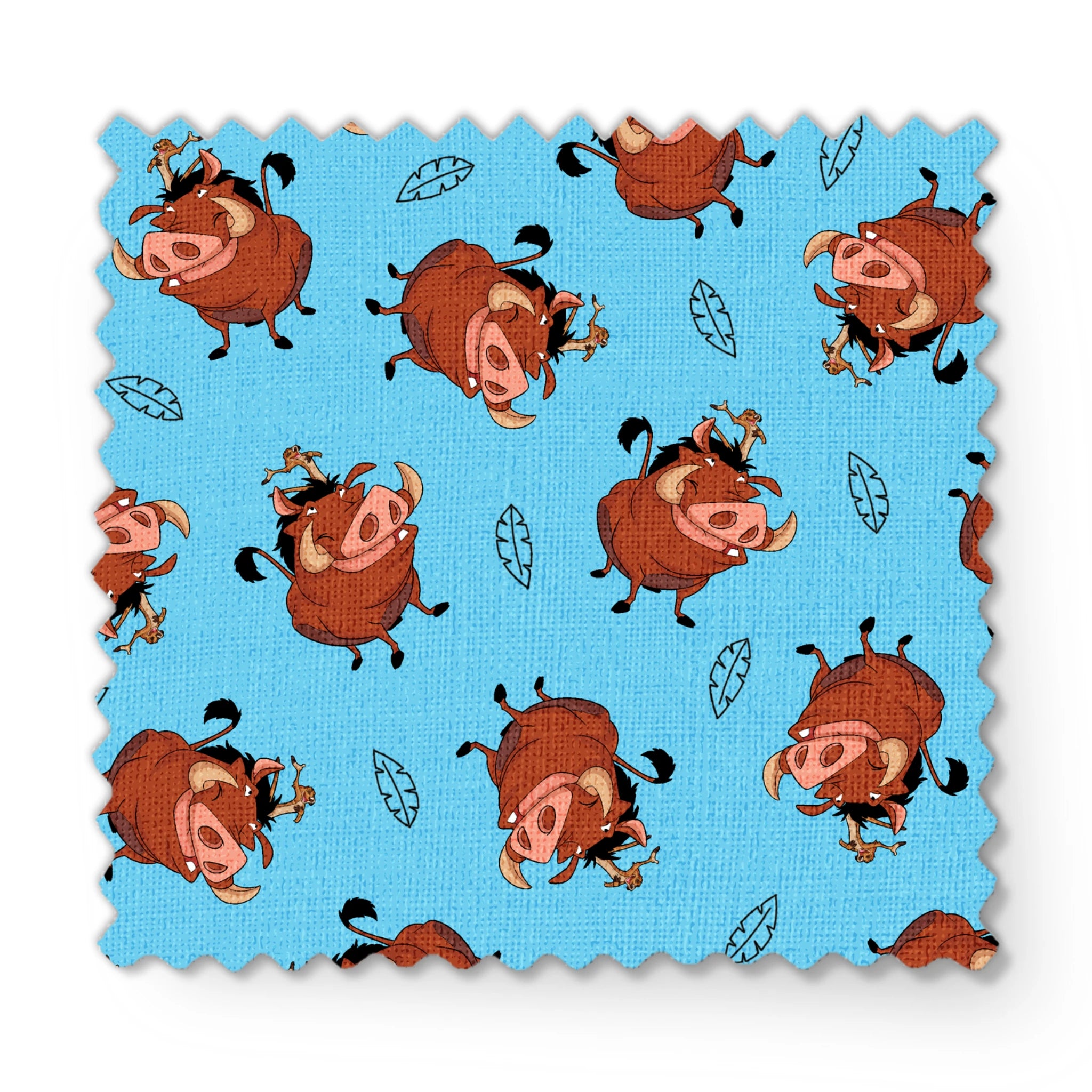 Cheerful Lion King characters with flower crowns dancing on light blue background with leaf patterns fabric swatch mockup