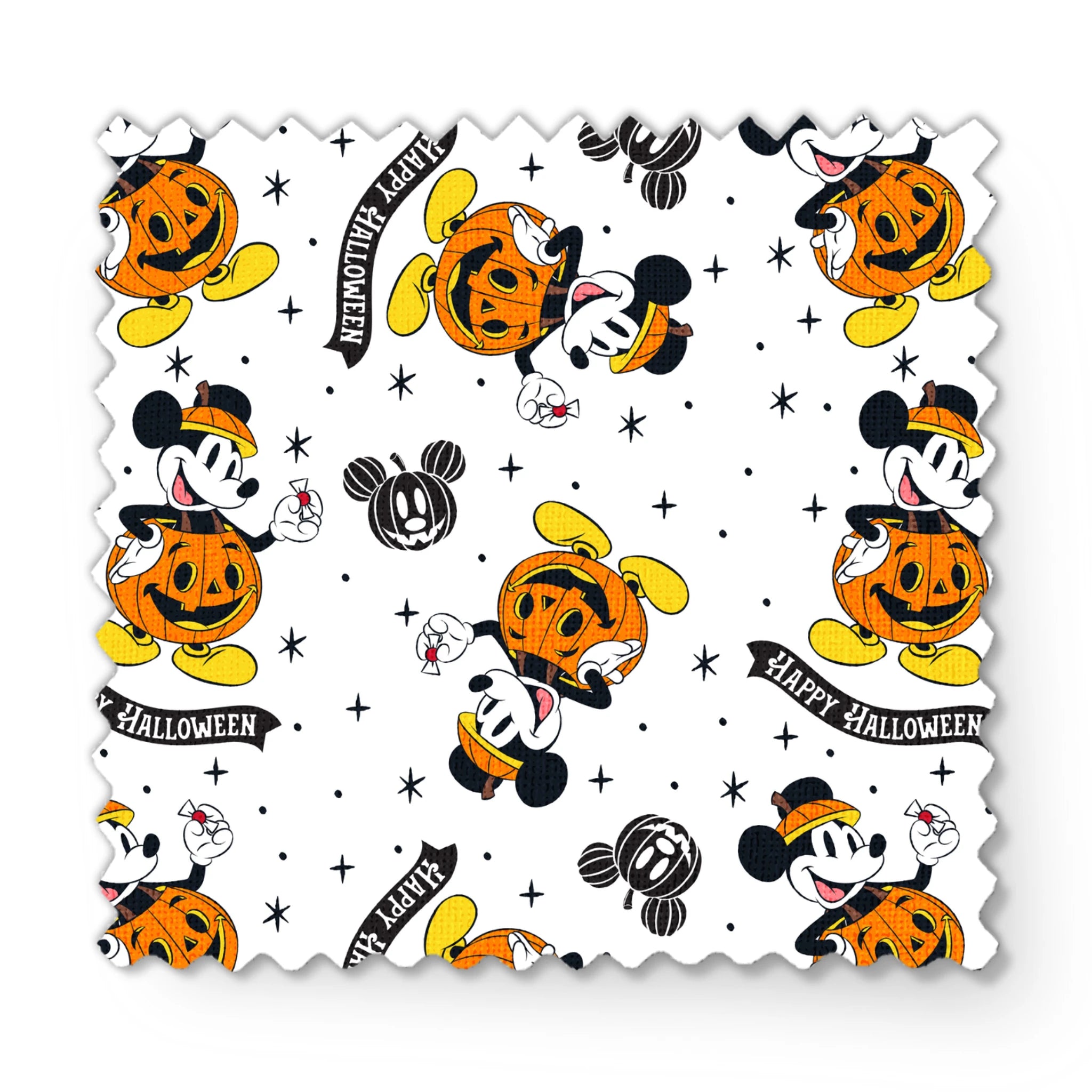 Mickey Mouse Halloween pattern dressed as pumpkins on white background with stars and "Happy Halloween" text fabric swatch mockup