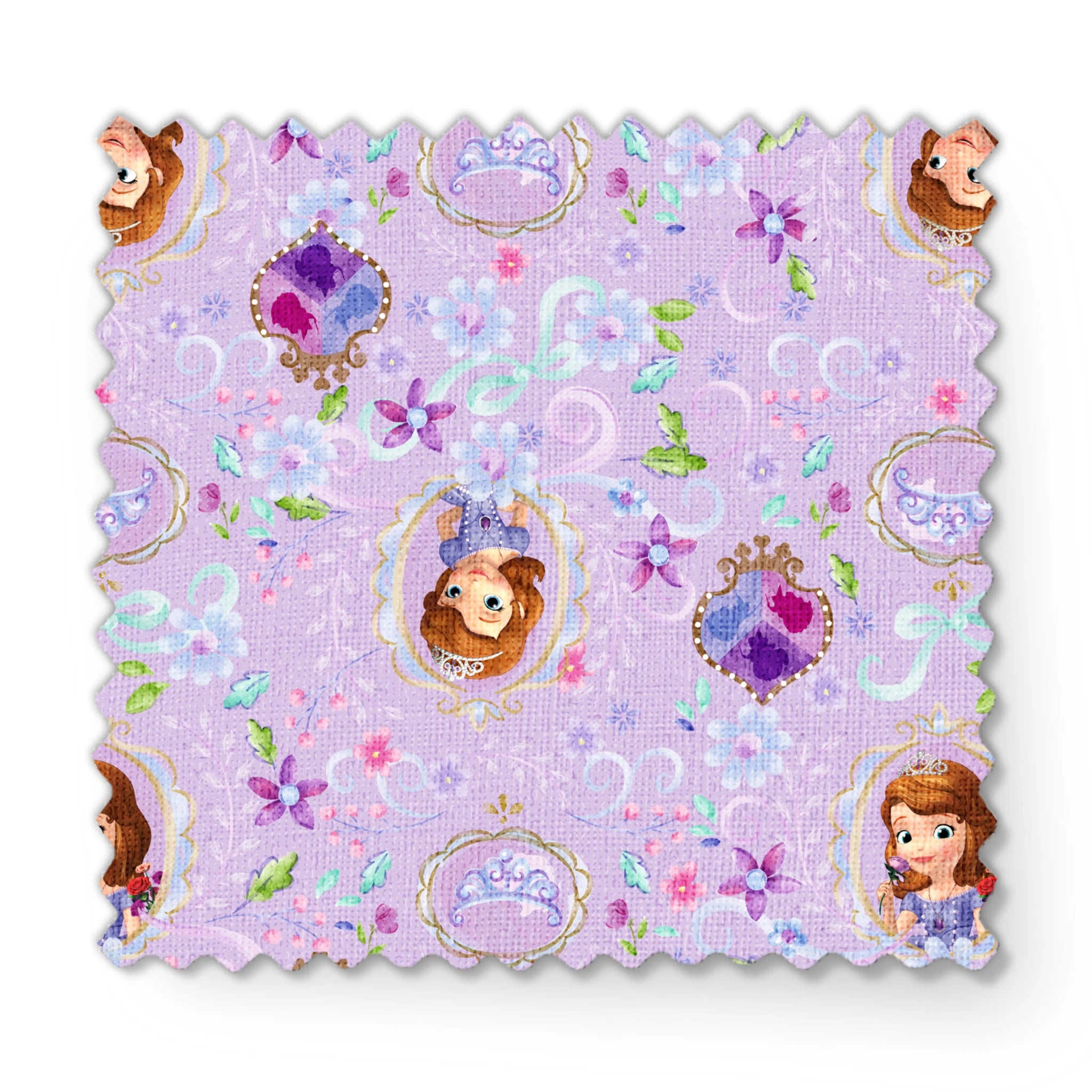 Princess Sofia pattern with purple flowers and swirls on lavender background fabric swatch mockup