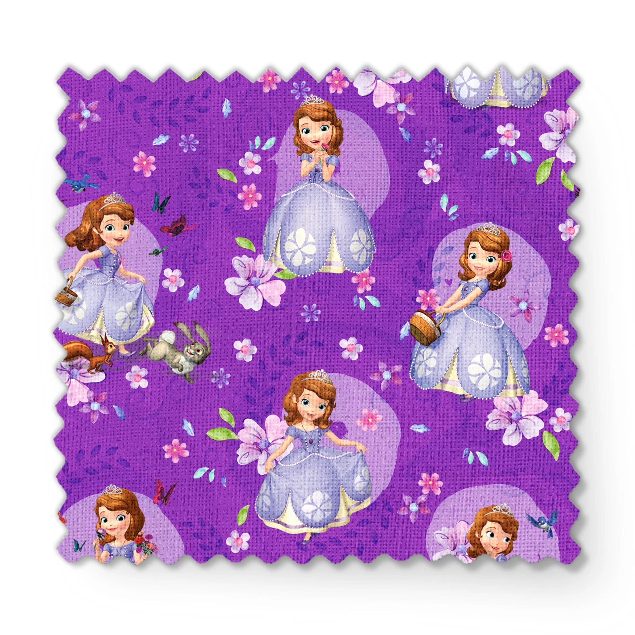 Purple background with repeating pattern of Sofia character in lavender dress surrounded by pink flowers and circular accents fabric swatch mockup