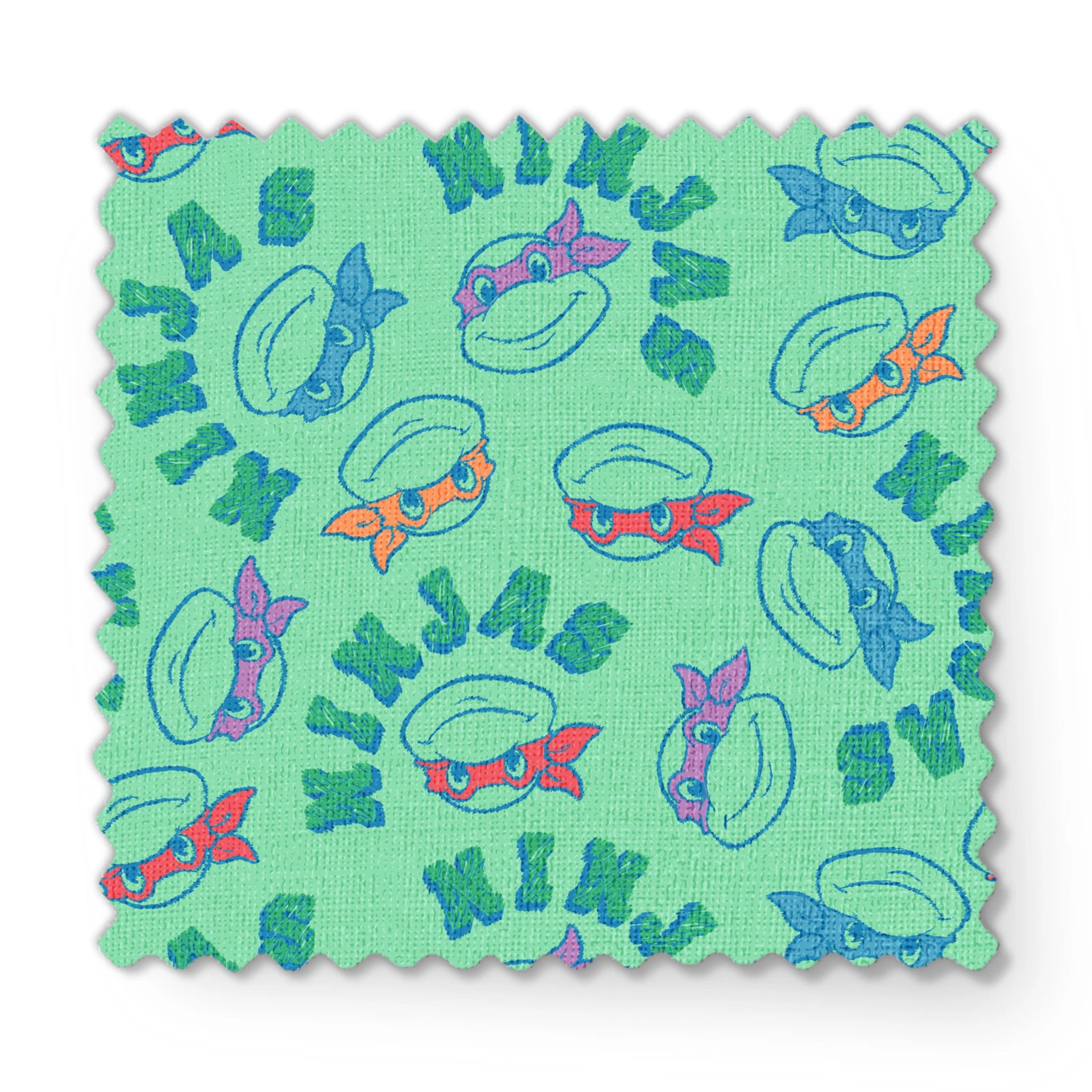 Pattern of Teenage Mutant Ninja Turtles with colored masks in blue, red, and purple on mint green background fabric swatch mockup