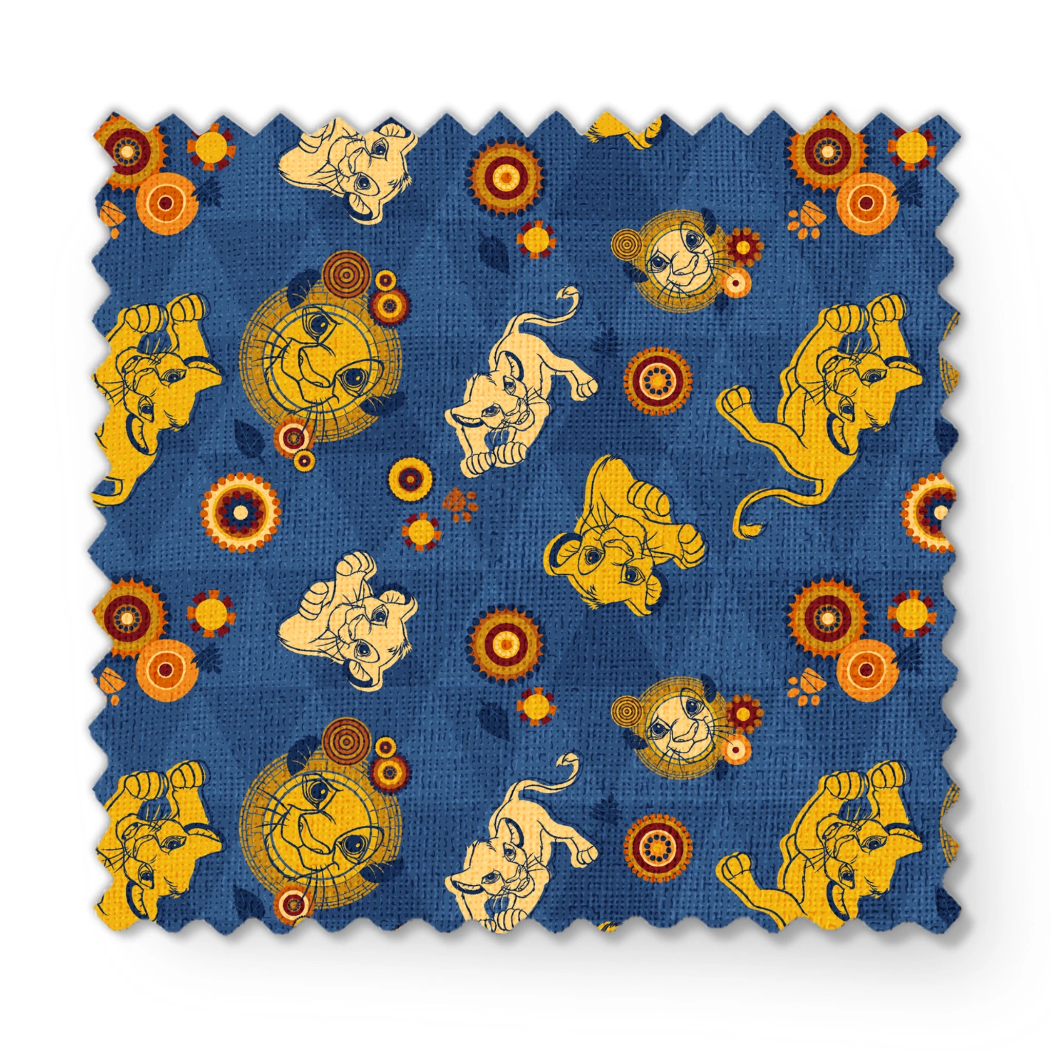 Geometric pattern with yellow lion figures and circular designs on blue triangular background fabric swatch mockup