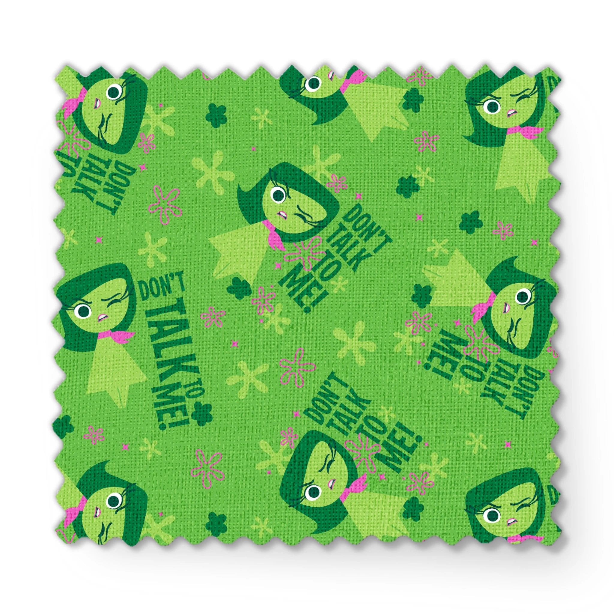 Green background with Disgust from Inside Out and "Don't Talk To Me" text, featuring stars and floral elements fabric swatch mockup