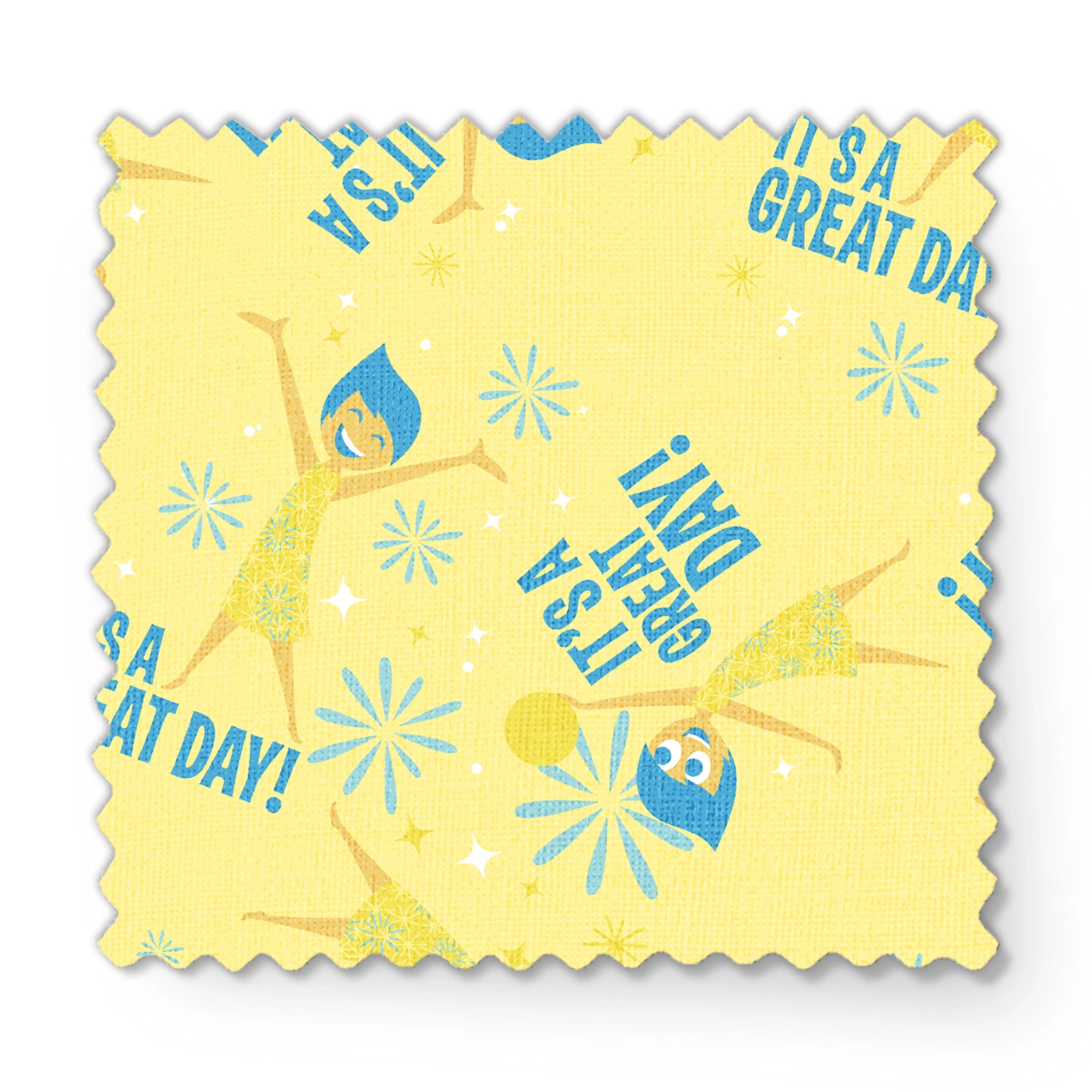 Cheerful Inside Out pattern with blue "IT'S A GREAT DAY!" text and decorative white accents fabric swatch mockup