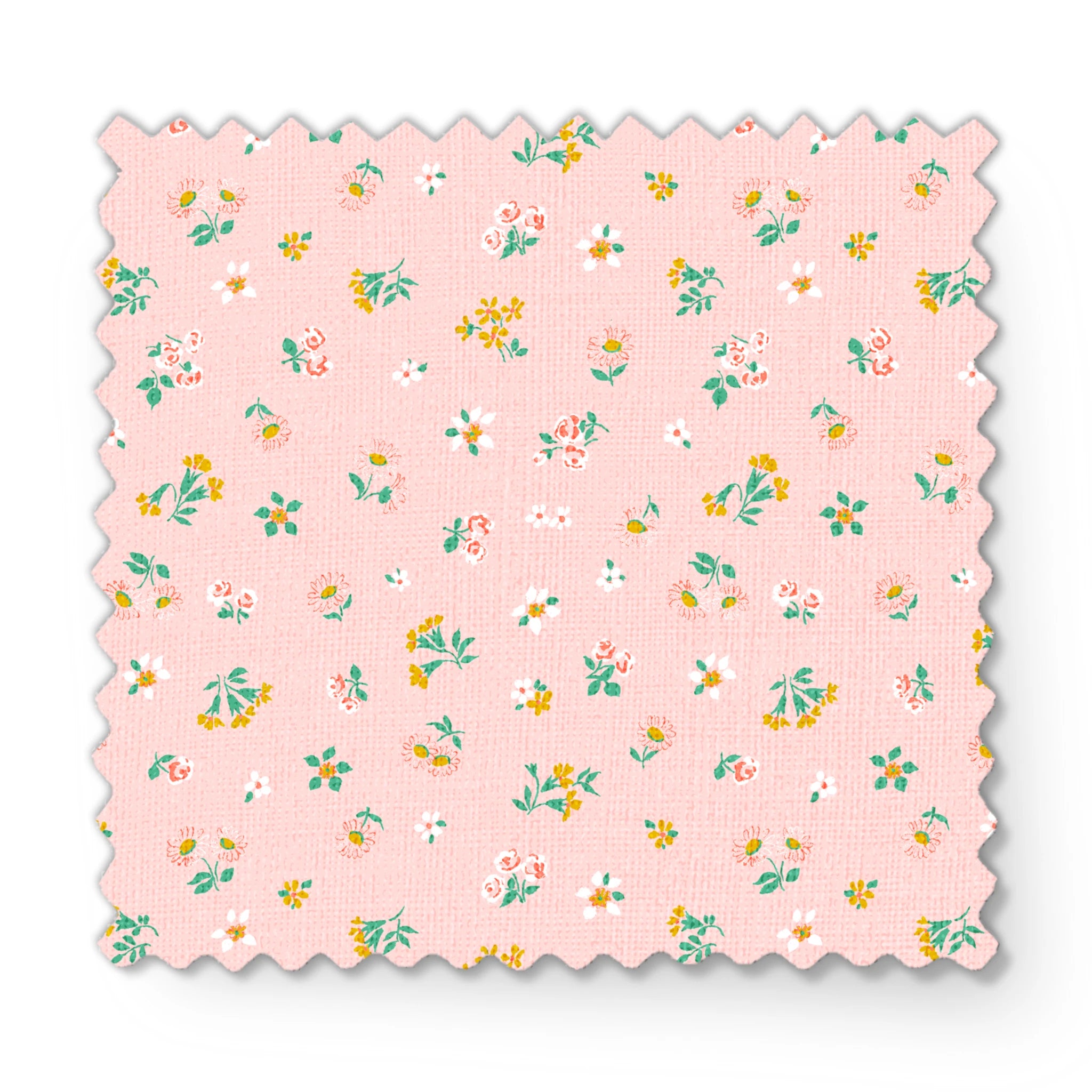 Small floral pattern on pink background with white daisies and yellow, blue, and pink flowers fabric swatch mockup
