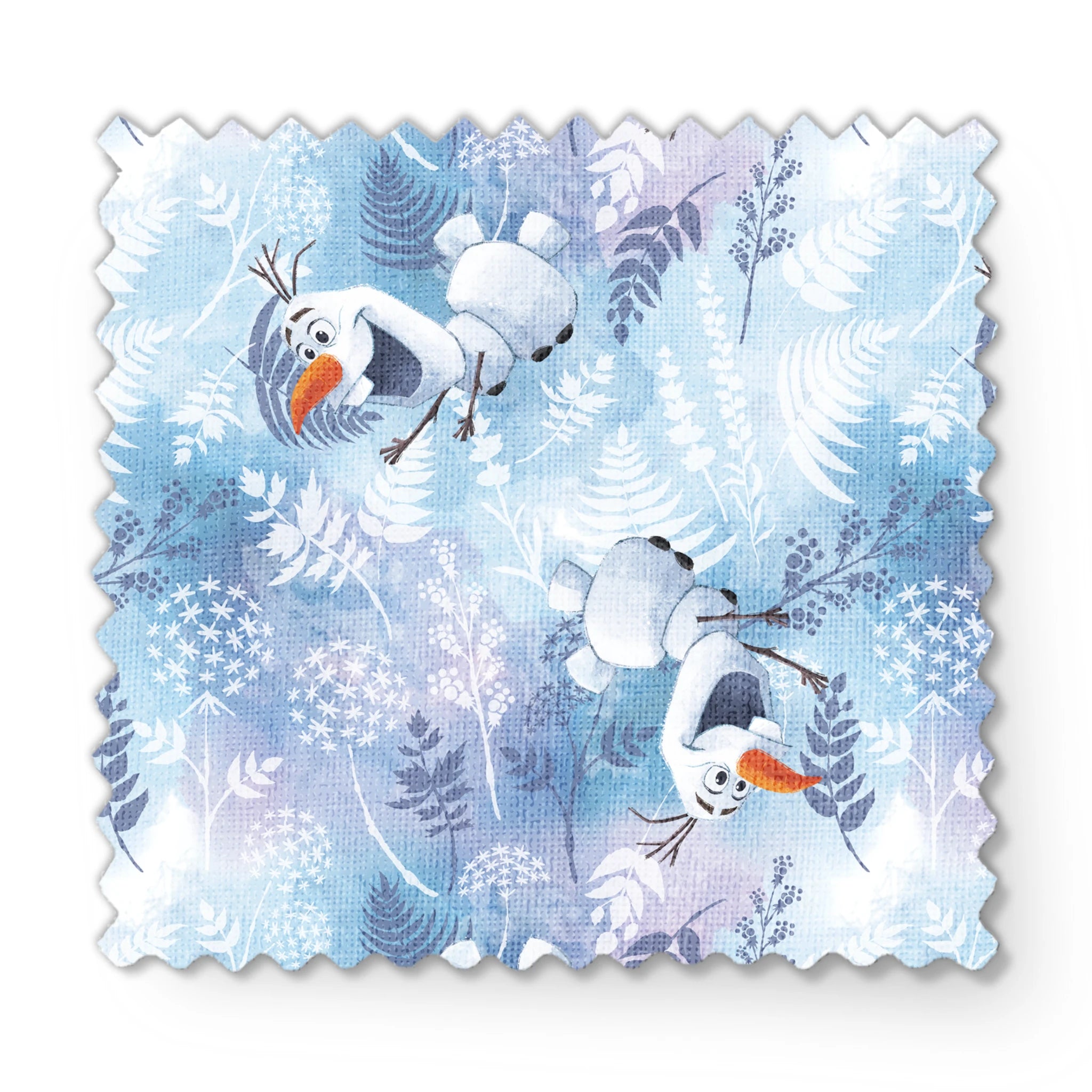 Cheerful Olaf playing among delicate ferns and snowflakes on a light blue background fabric swatch mockup