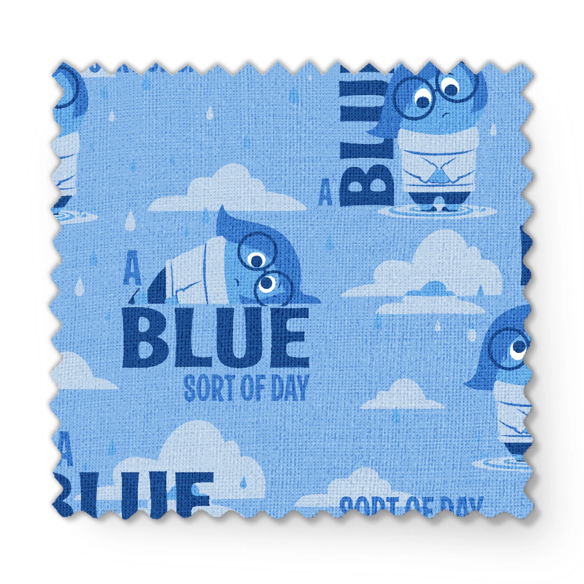 Sadness from Disney and Pixar's Inside Out pattern with "BLUE SORT OF DAY" text on light blue background with clouds fabric swatch mockup