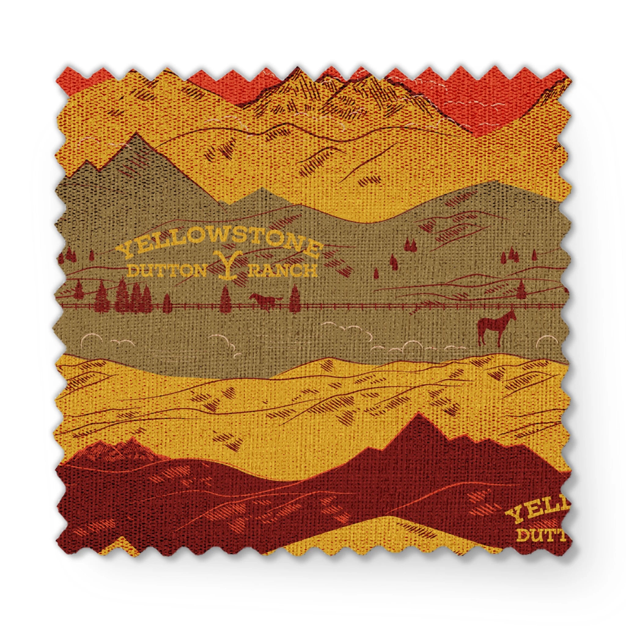 Layered mountain landscape in red, gold, and brown with "Yellowstone Cotton Ranch" text and silhouetted trees and wildlife. fabric swatch mockup