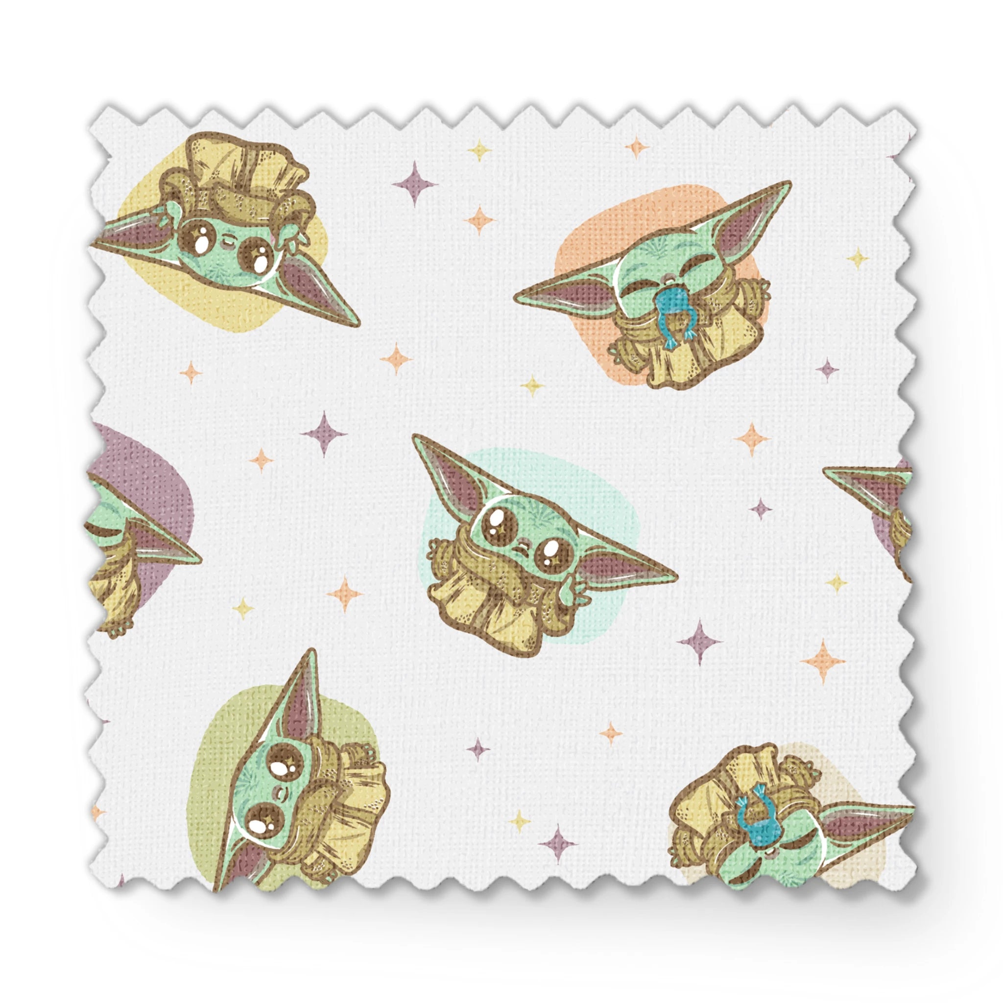 Cute cartoon characters in floating pods with big ears against a starry background, pastel colors fabric swatch mockup
