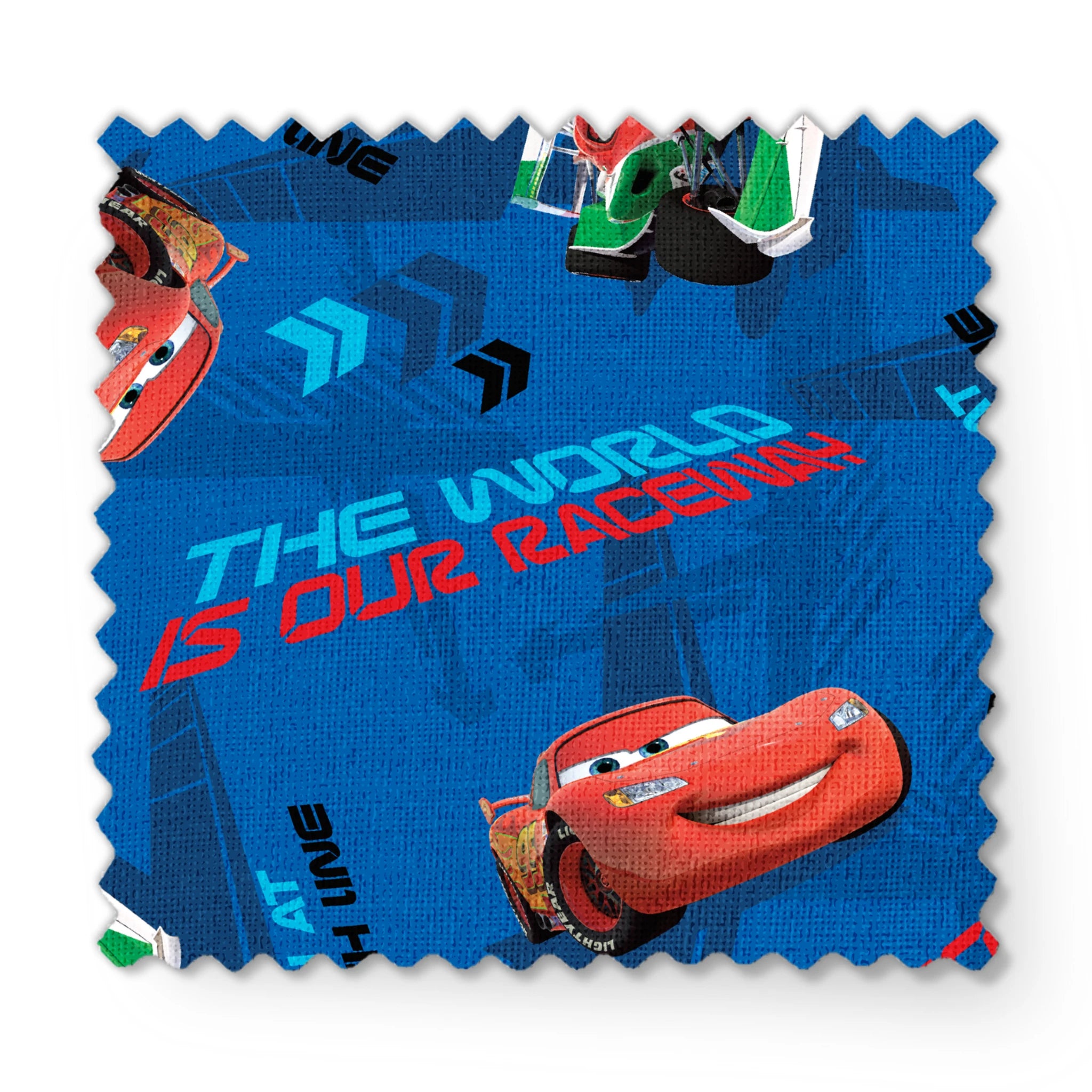 Blue fabric pattern with animated red race cars, "The World of Cars" text, and directional arrow designs fabric swatch mockup