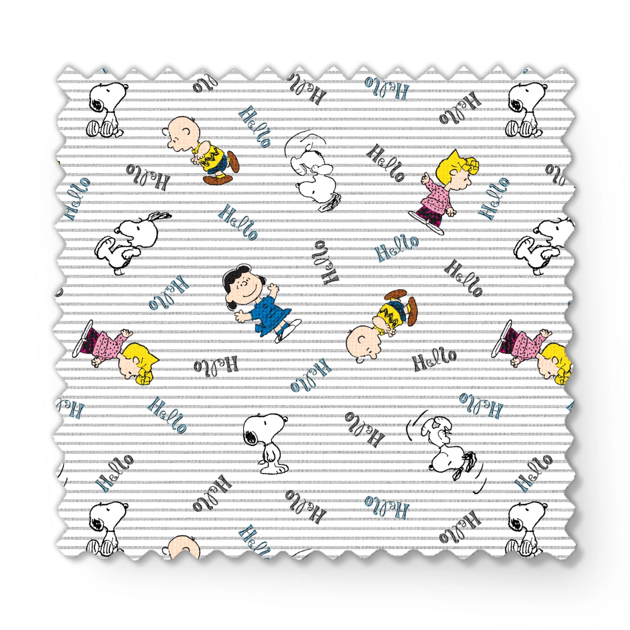 Peanuts cartoon characters scattered on striped background with "hello" text, featuring Snoopy, Charlie Brown, and friends fabric swatch mockup