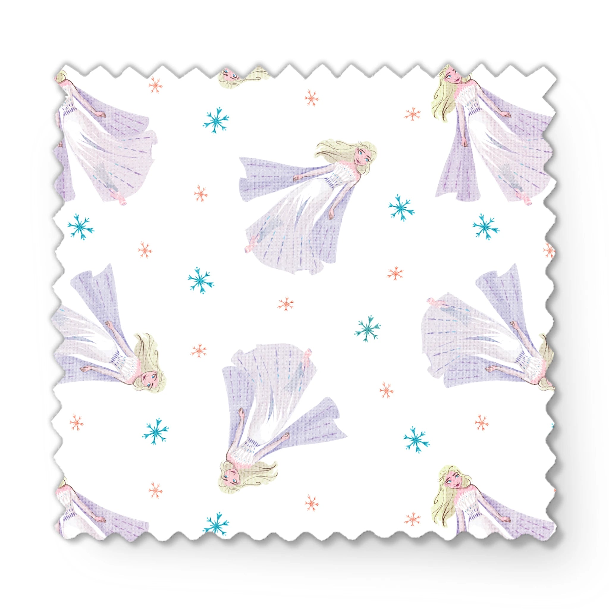 Whimsical pattern of Elsa with colorful snowflakes on white background fabric swatch mockup