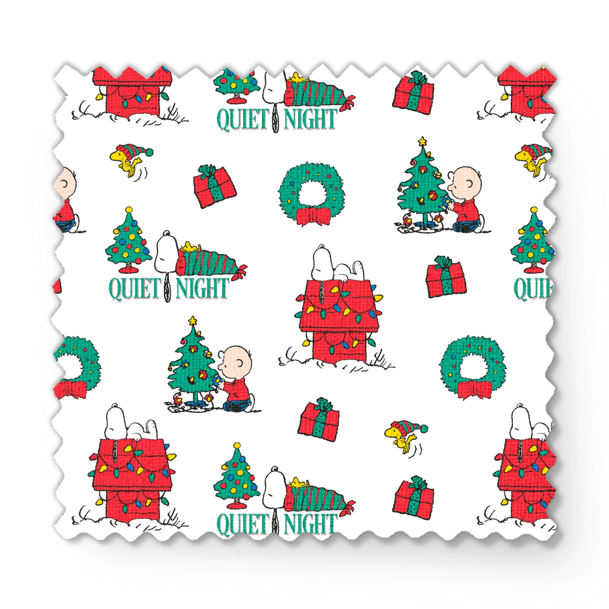 Peanuts Christmas pattern with Snoopy's decorated doghouse, trees, wreaths, and "Quiet Night" text fabric swatch mockup
