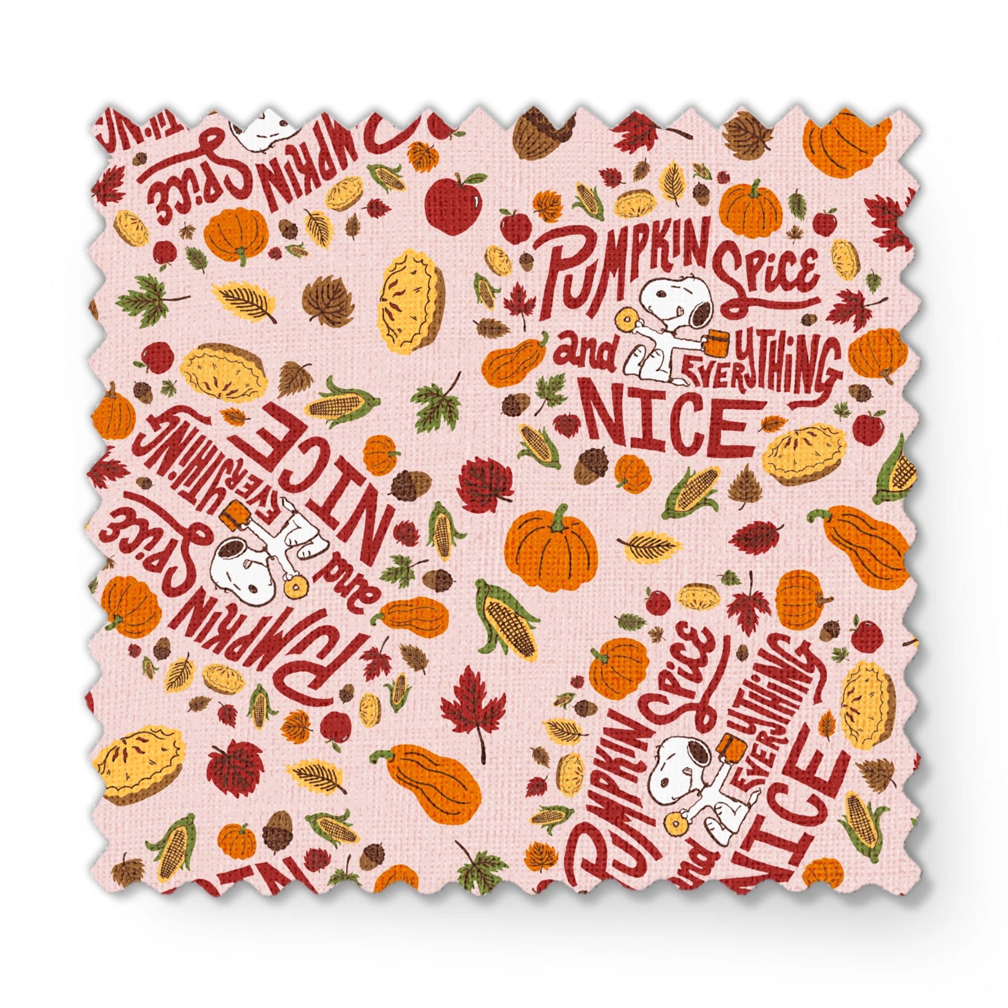 Fall Peanuts pattern with pumpkin spice phrases, autumn leaves, pumpkins, pine cones and Snoopy characters on a beige background fabric swatch mockup