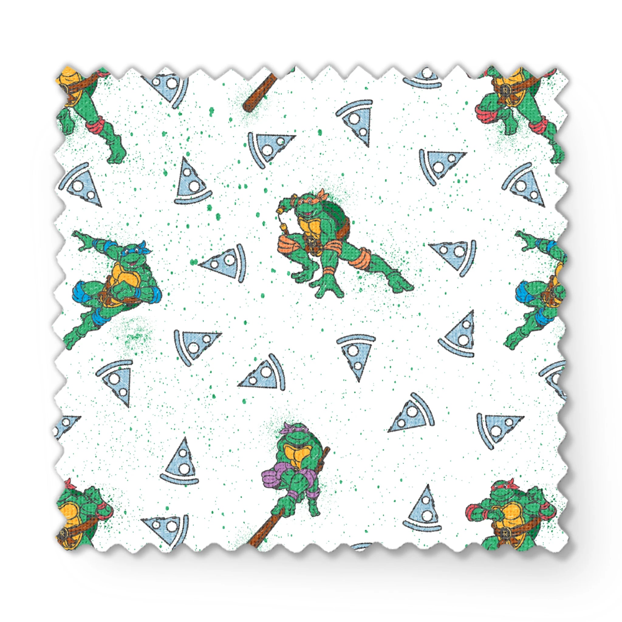 Teenage Mutant Ninja Turtles in action poses scattered among pizza slices on white speckled background fabric swatch mockup
