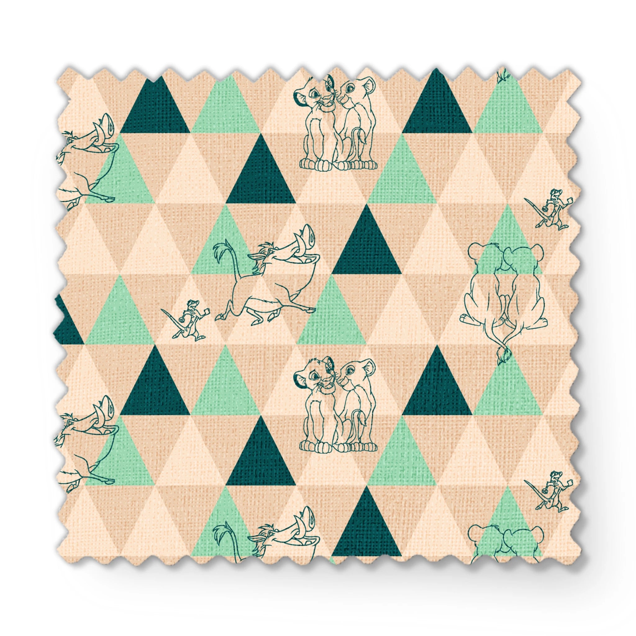 Geometric triangle pattern with stylized animal illustrations in teal and beige, featuring dogs, elephants, and other creatures. fabric swatch mockup