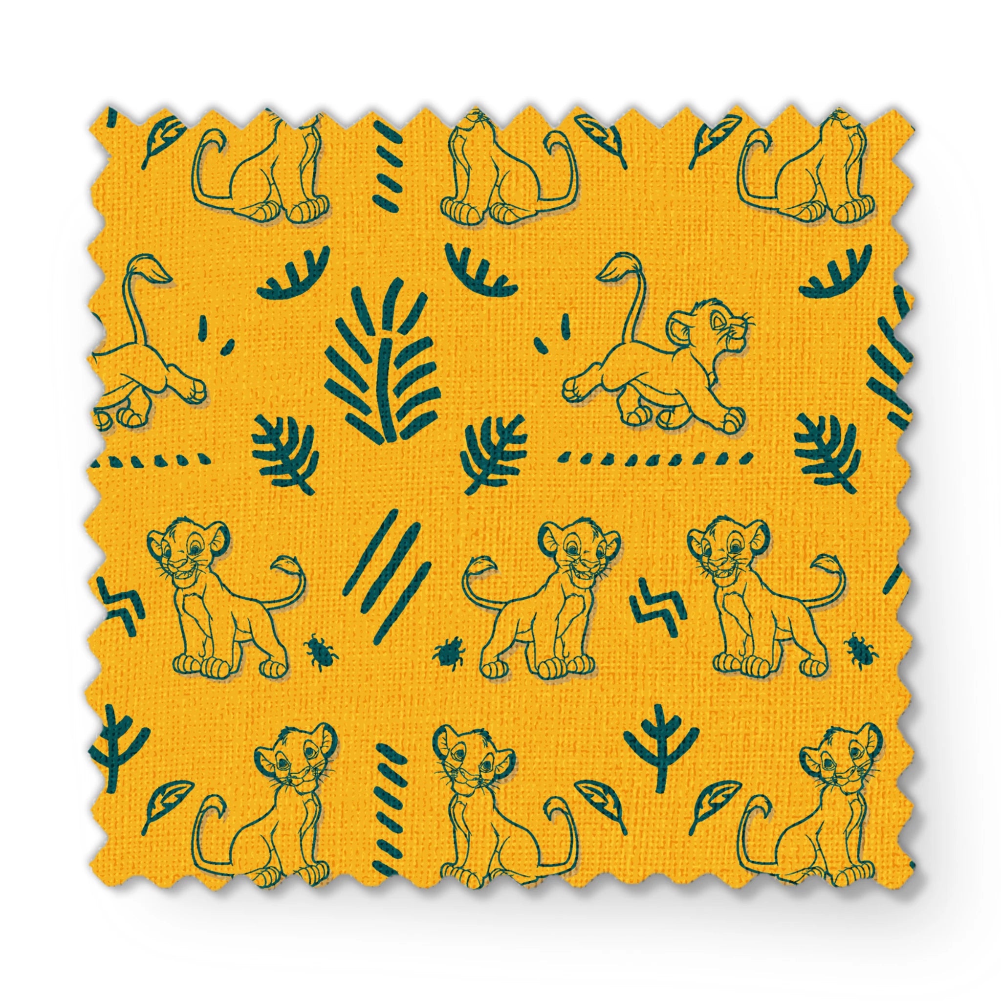 Pattern of cartoon lion cubs with green leaves and decorative elements on bright yellow background fabric swatch mockup