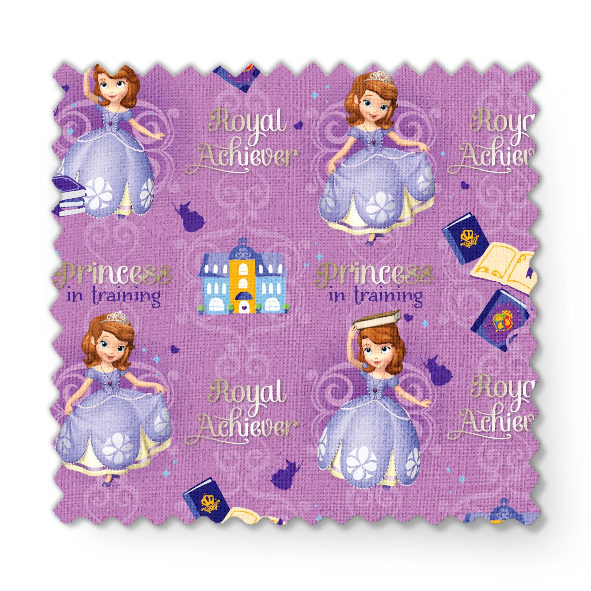 Princess Sofia pattern with "Royal Achiever" and "Princess in Training" text, purple background with castles and books fabric swatch mockup