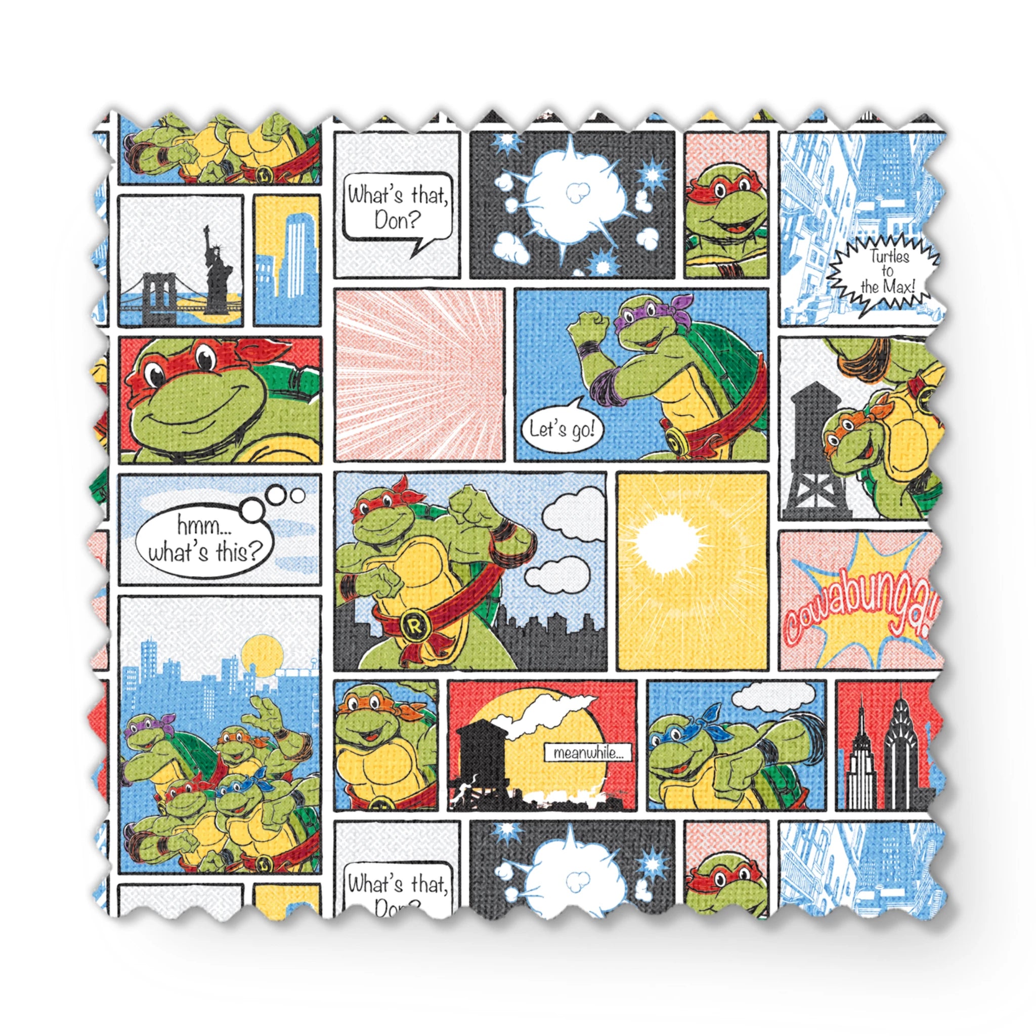 Comic-style grid featuring Teenage Mutant Ninja Turtles with speech bubbles, action scenes, and colorful panels fabric swatch mockup