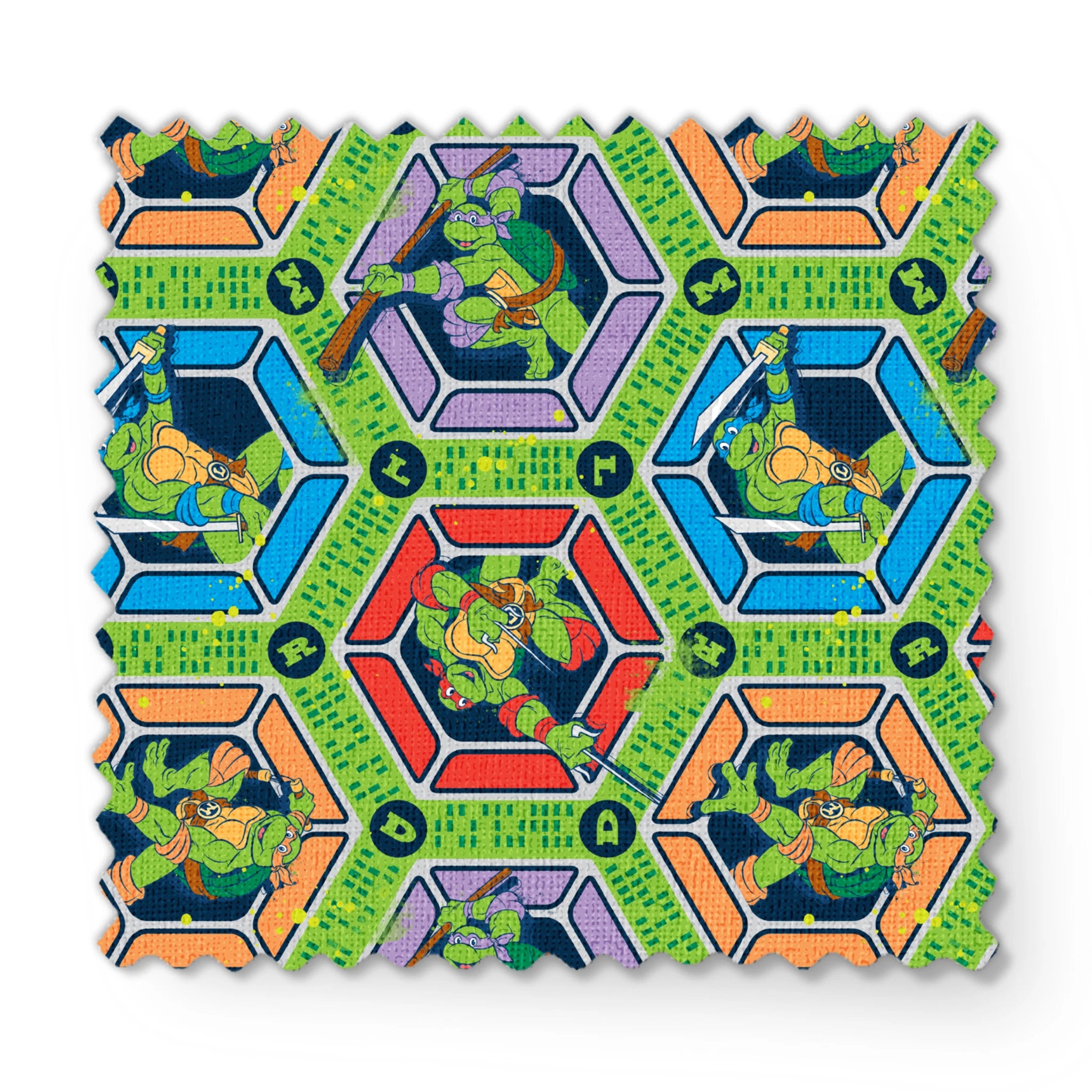Colorful hexagonal pattern featuring the Teenage Mutant Ninja Turtles in action poses on green backgrounds with digital text elements fabric swatch mockup