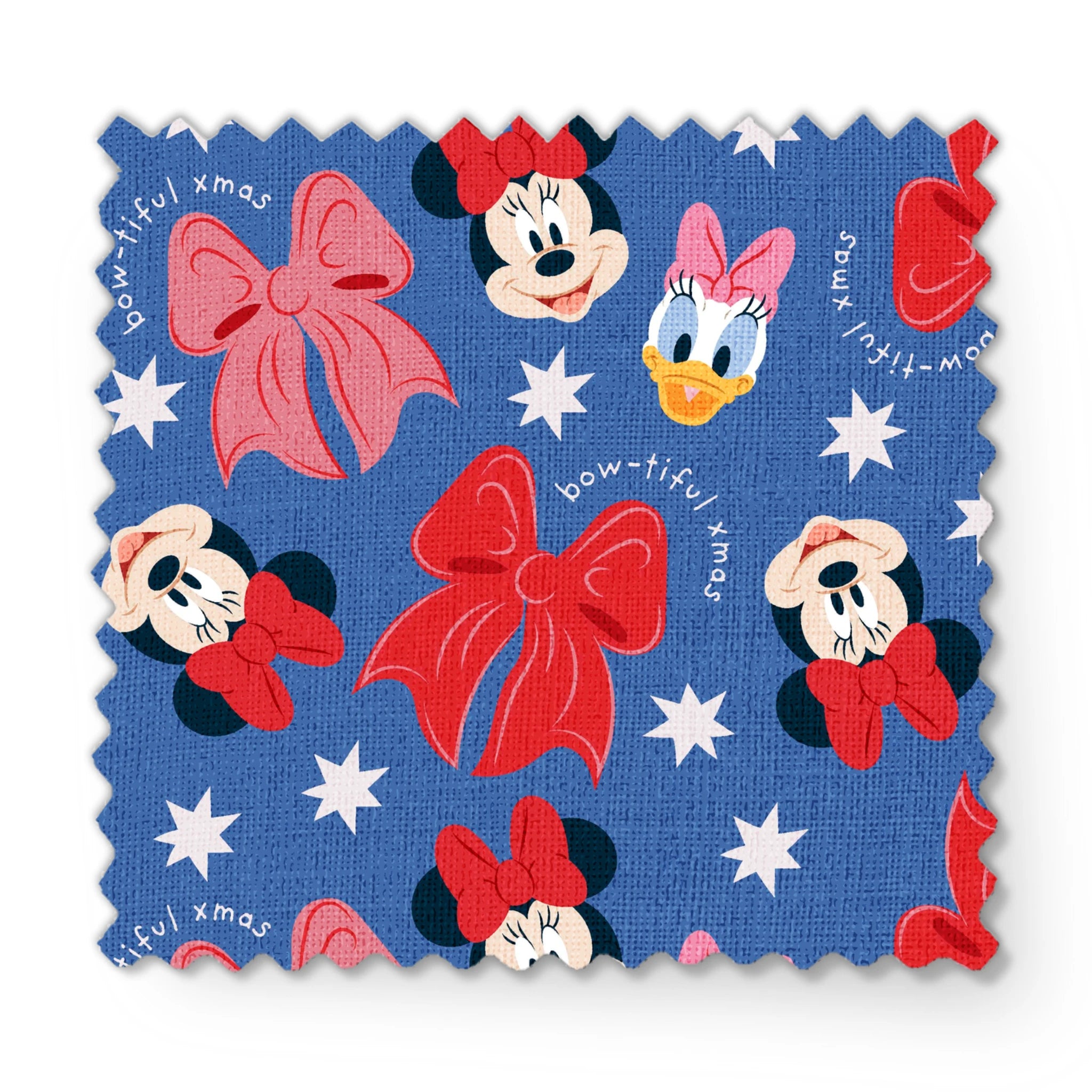 Disney character pattern with Minnie Mouse, Daisy Duck, and pink/red bows on blue background with white stars fabric swatch mockup