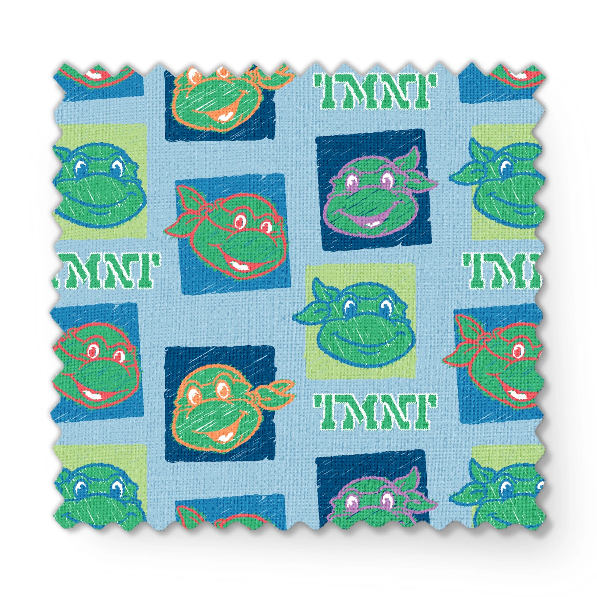 Teenage Mutant Ninja Turtles pattern with cartoon turtle faces in squares on light blue background fabric swatch mockup