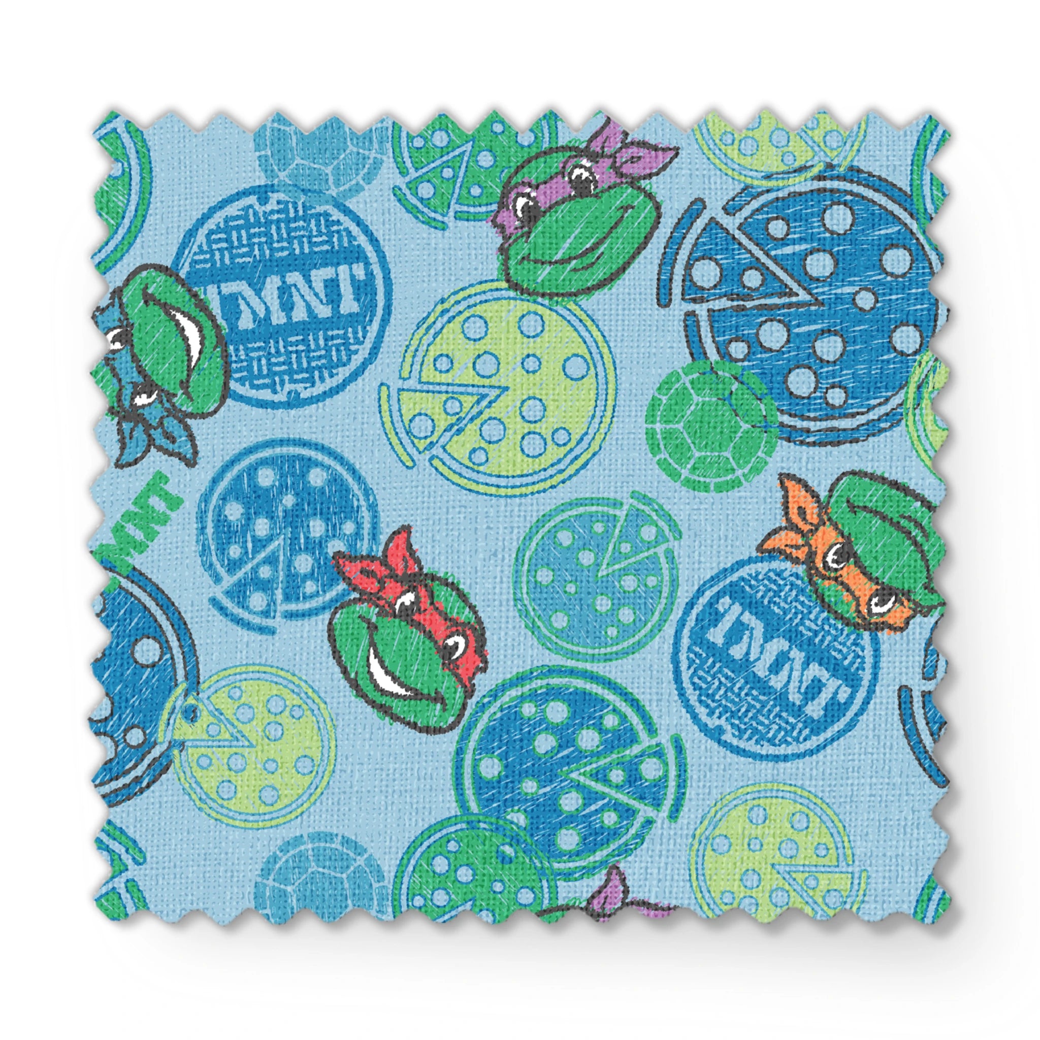Cartoon Ninja Turtles pattern with colorful circular designs on light blue background fabric swatch mockup
