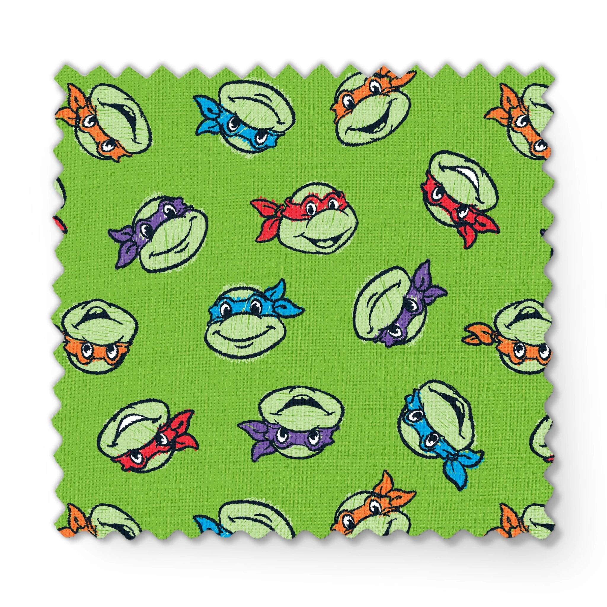 Teenage Mutant Ninja Turtles scattered on bright green background fabric swatch mockup