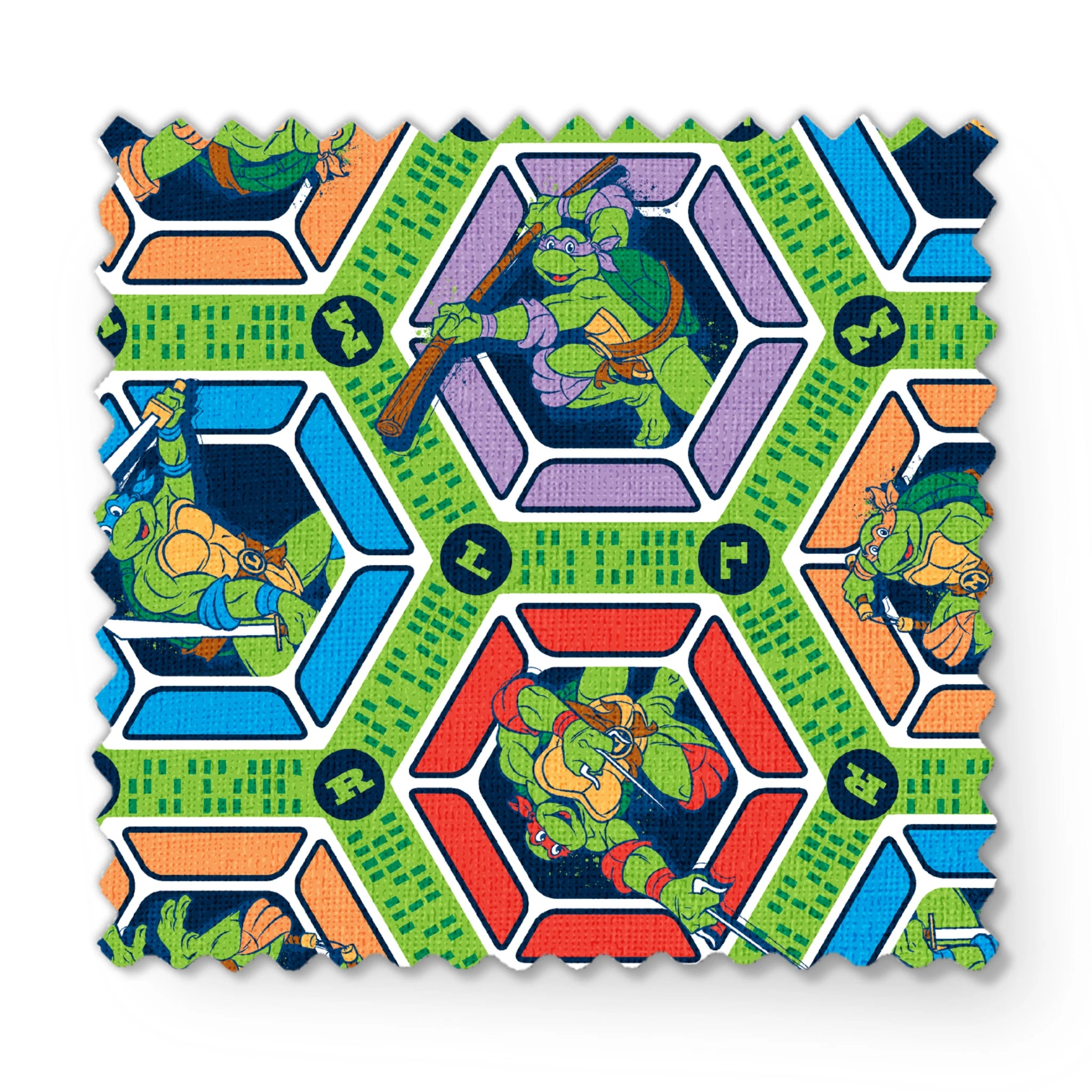 Colorful hexagonal pattern with Teenage Mutant Ninja Turtles and green text strips on blue background fabric swatch mockup