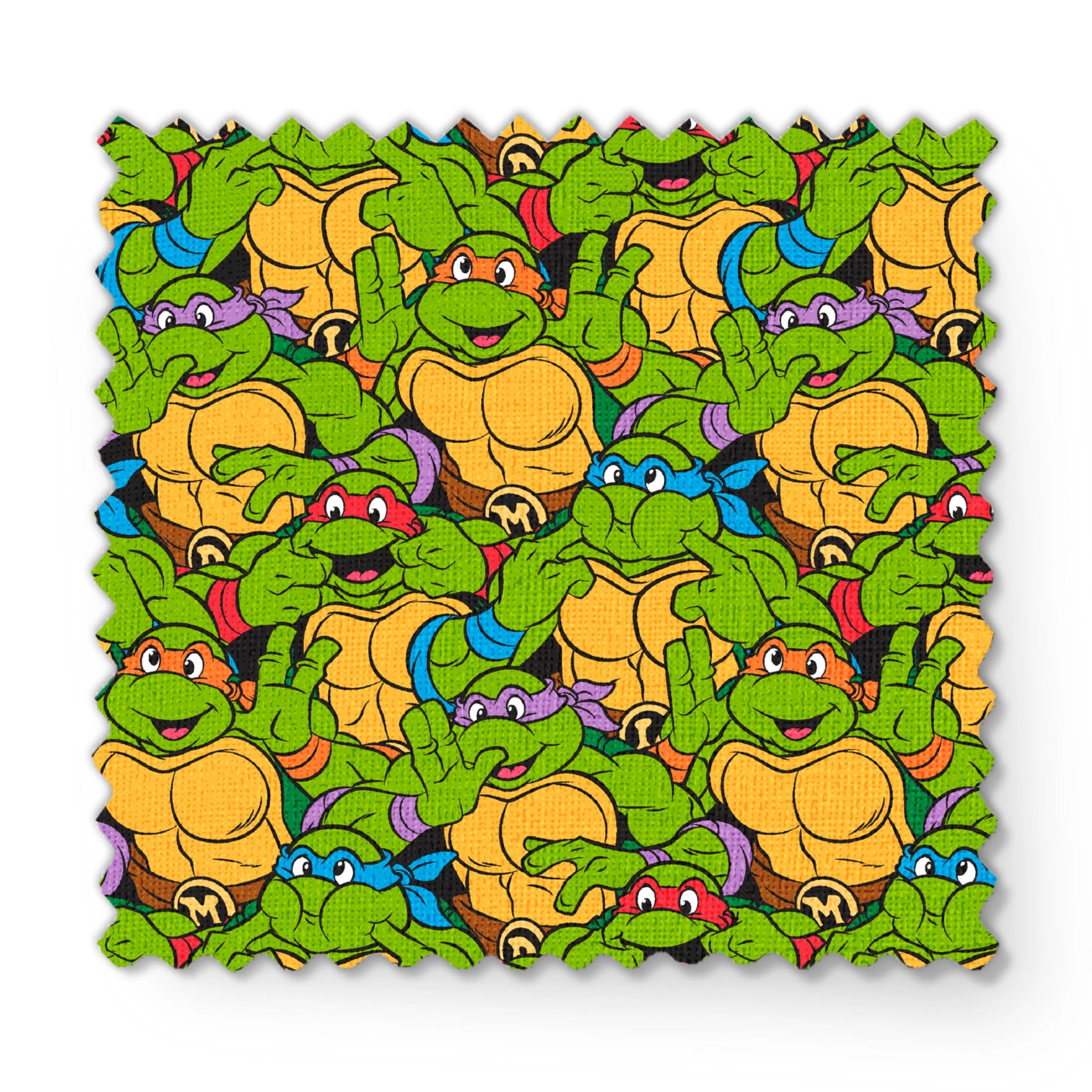 Colorful pattern of cartoon Teenage Mutant Ninja Turtles with green skin and yellow shells fabric swatch mockup