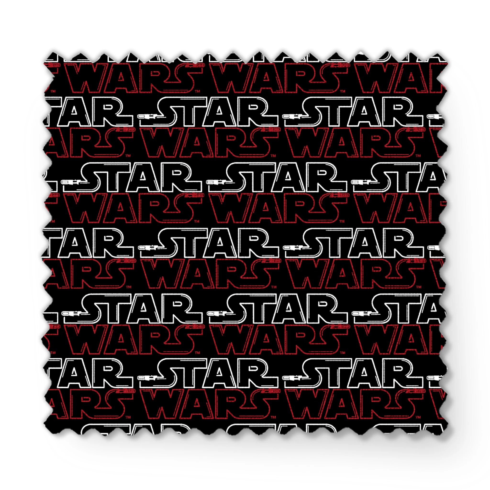 Star Wars logo pattern with white "STAR" and red "WARS" text repeating on black background fabric swatch mockup