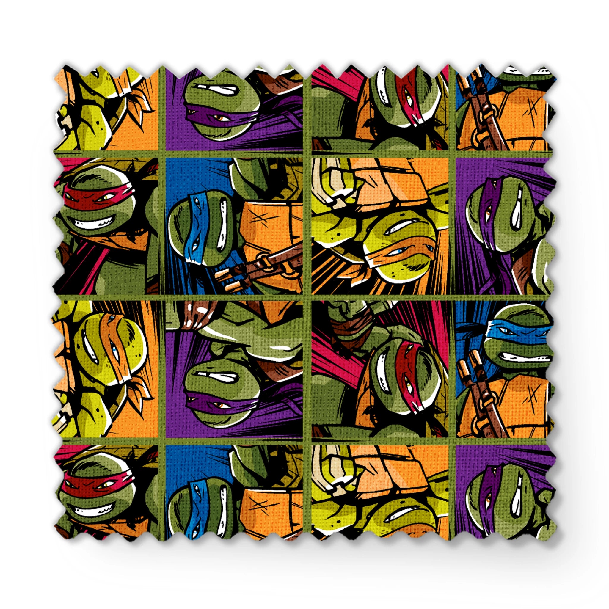 Colorful grid pattern of Teenage Mutant Ninja Turtles characters with various expressions and colored masks fabric swatch mockup