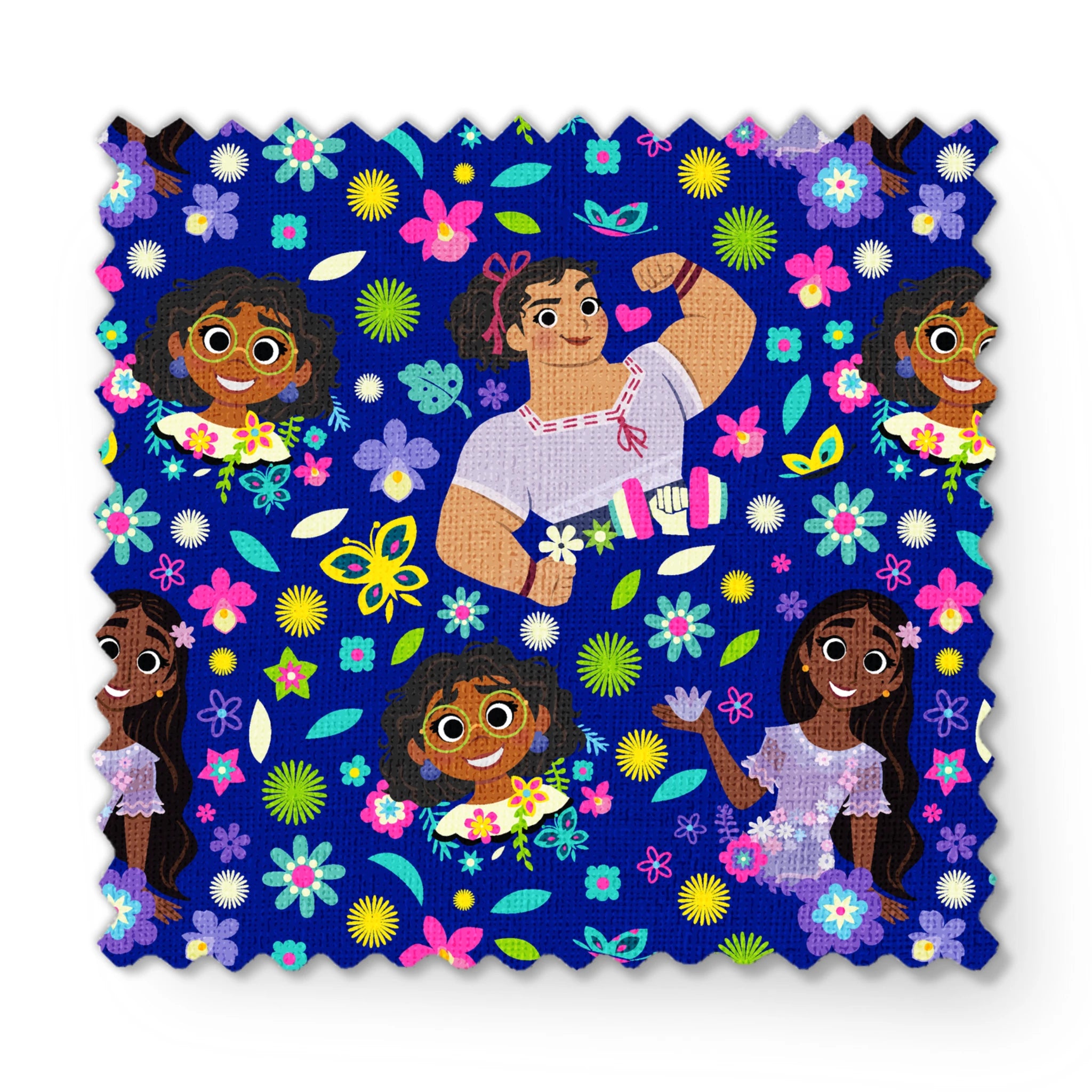 Colorful cartoon characters surrounded by bright flowers on vibrant blue background fabric swatch mockup