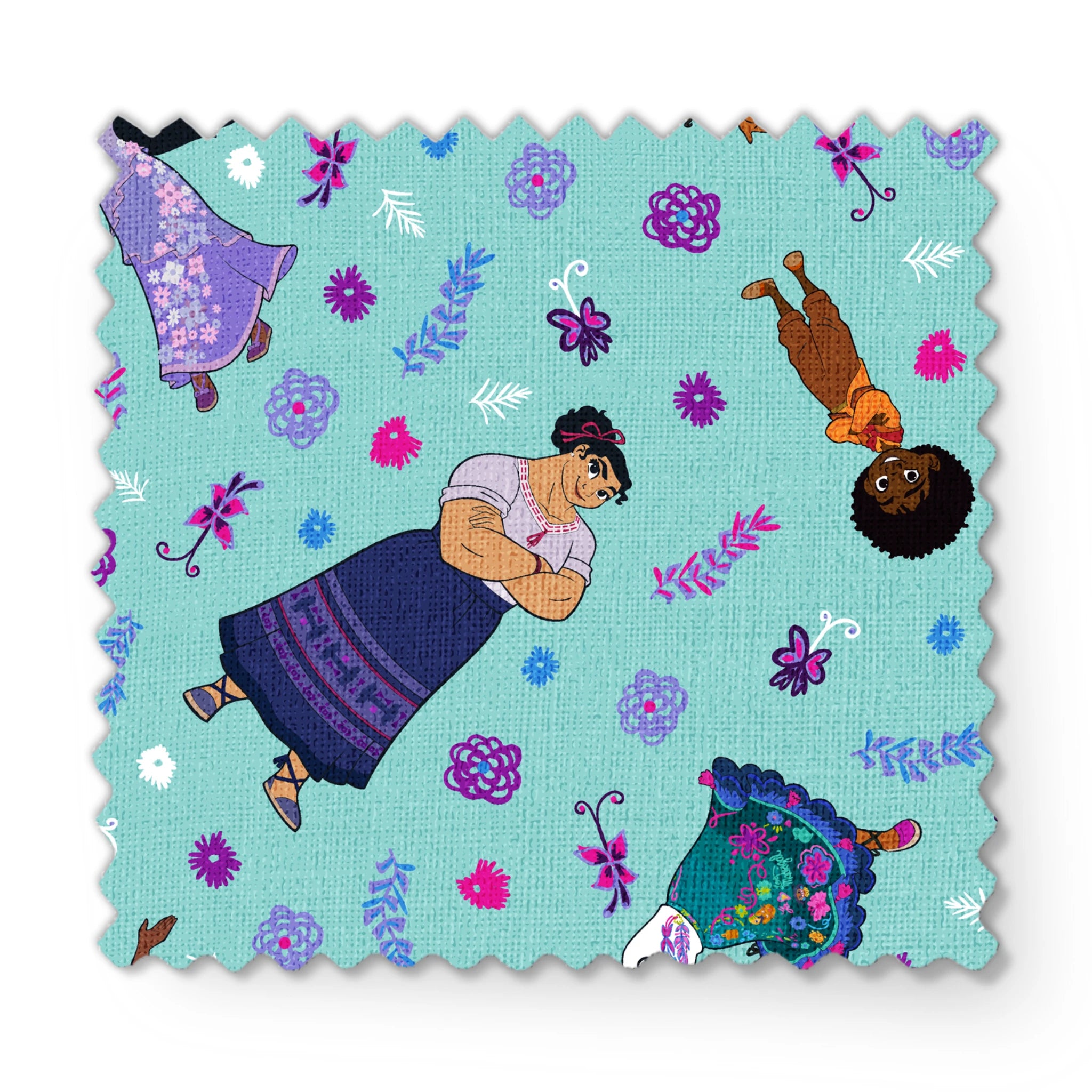 Colorful pattern with figures in traditional clothing, butterflies, and floral elements on teal background fabric swatch mockup