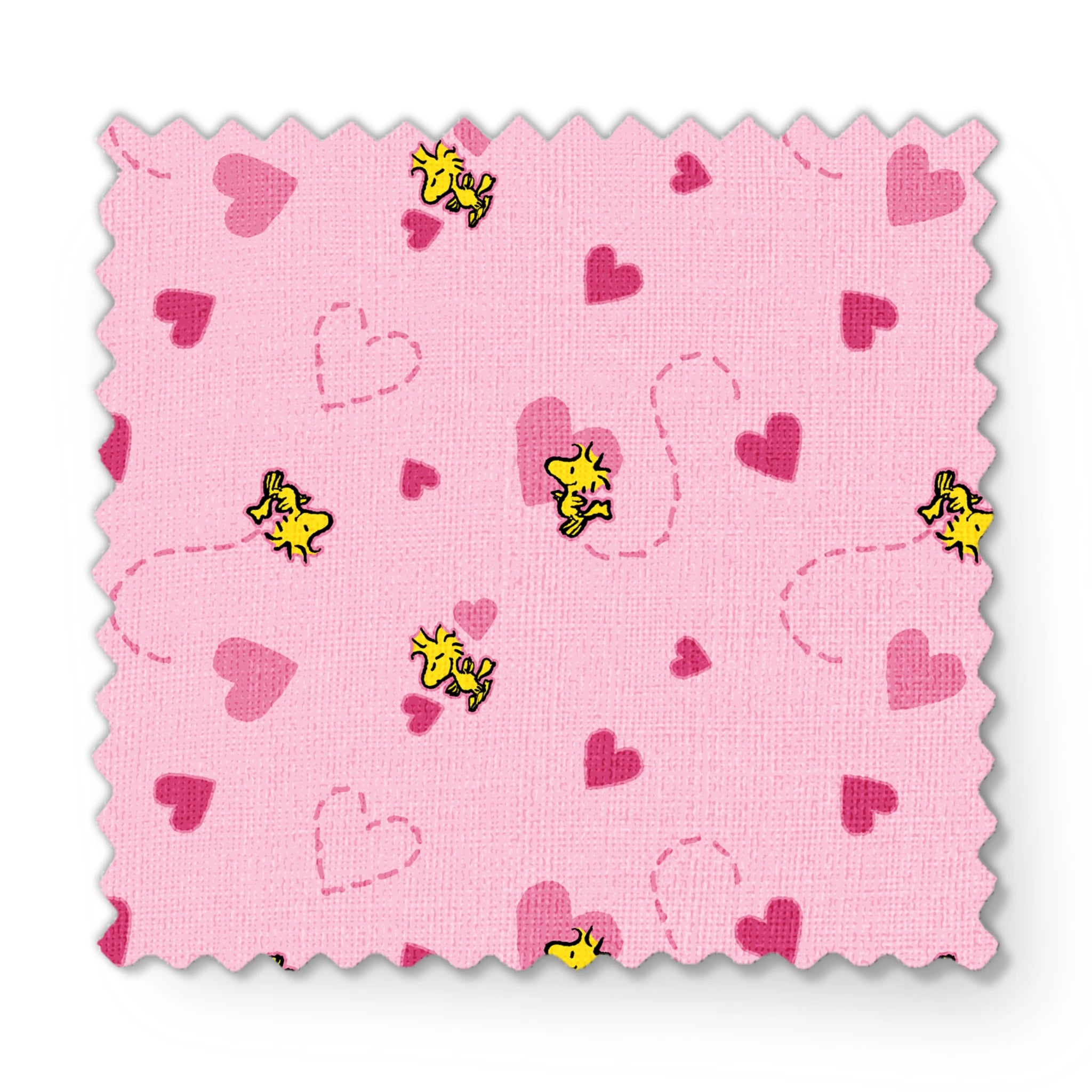 Pink background with hearts and Woodstock pattern, dotted heart outlines and solid pink hearts scattered throughout. fabric swatch mockup