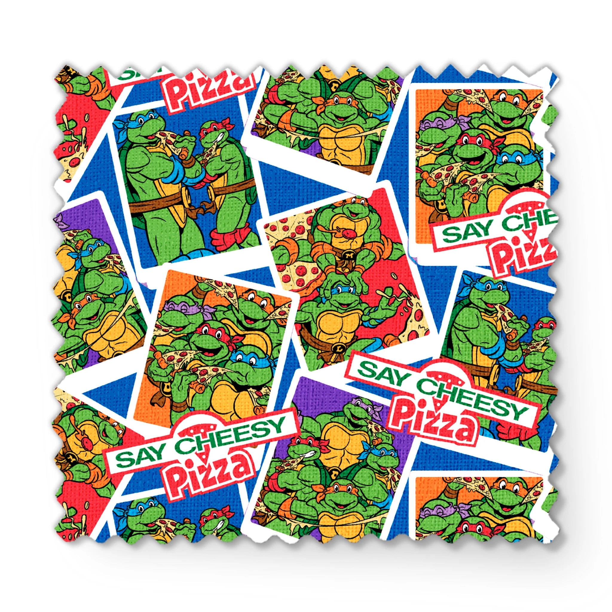 Colorful collage of Teenage Mutant Ninja Turtles cartoon characters with "Say Cheesy Pizza" text on vibrant background fabric swatch mockup